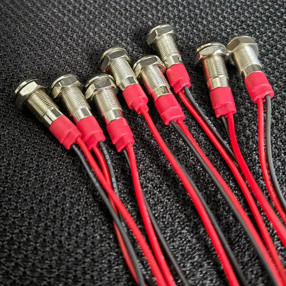 GUUZI 6mm Lampka Kontrolna LED 12-24V Wodoodporna Lampka Sygnalizacyjna Panel Metalowy Wskaźnik LED Lampka Sygnalizacyjna Mocowanie Panelu Głowica Płaska z Przewodami Srebrny Skorupa(Zielony, 8 szt)