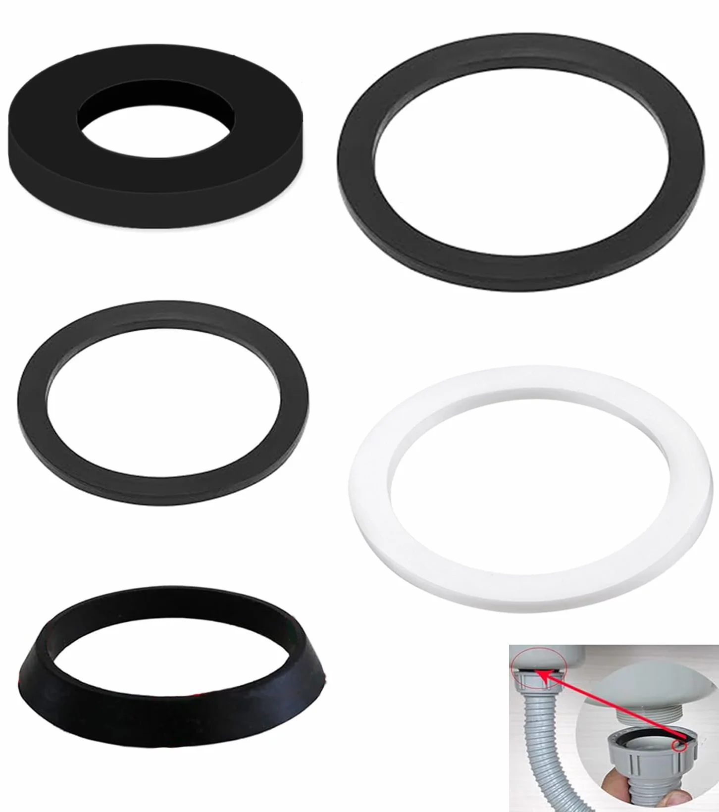 Zestaw uszczelek do syfonu umywalki, 1 1/2 cala uszczelka syfonowa do 40mm syfonu kuchennego rura odpływowa, zawiera 2x uszczelki klinowe, 3x uszczelki płaskie, 3x alternatywne uszczelki