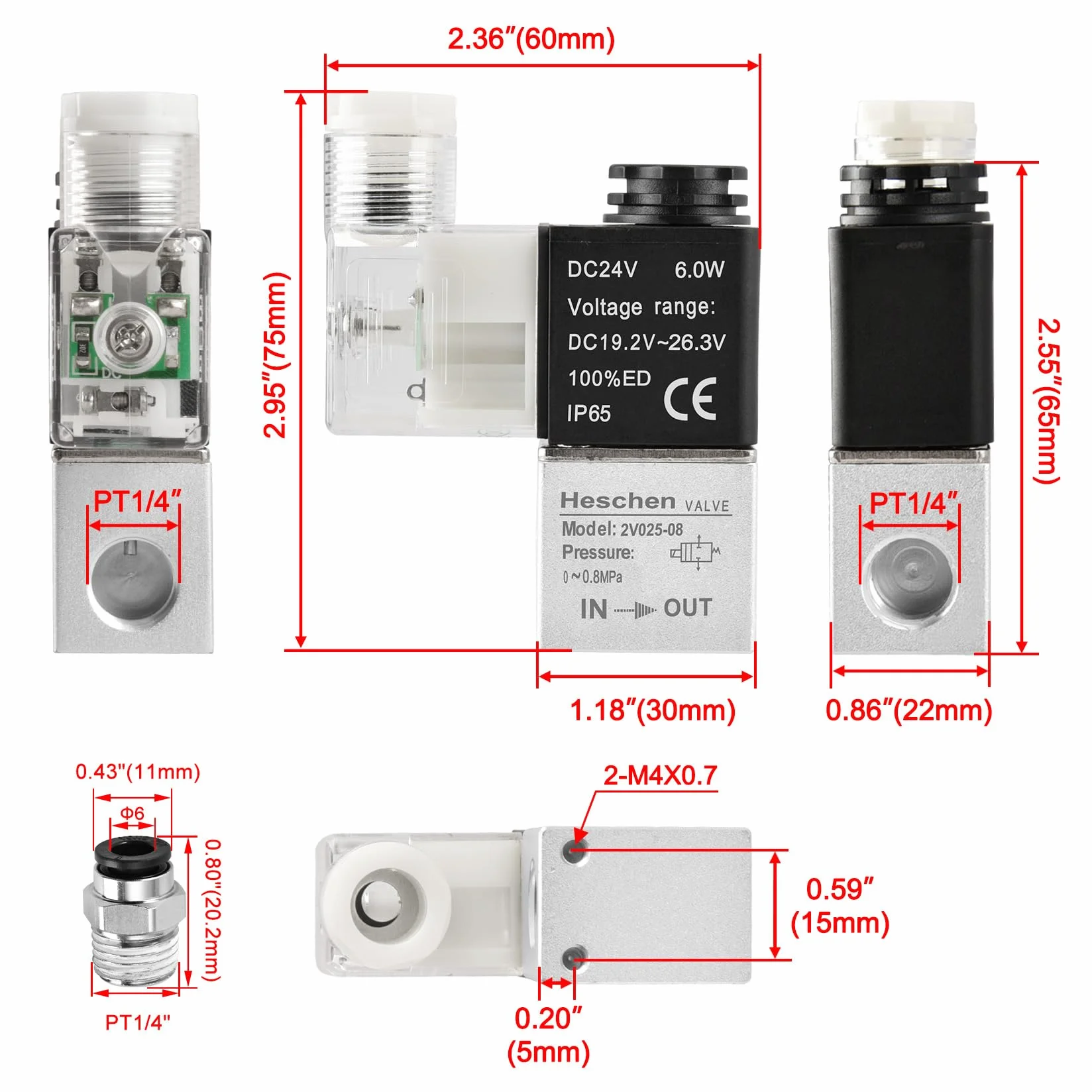 Heschen Elektryczny zawór elektromagnetyczny 2V025-08 24VDC PT1/4 2/2 way Normally Closed CE IP65