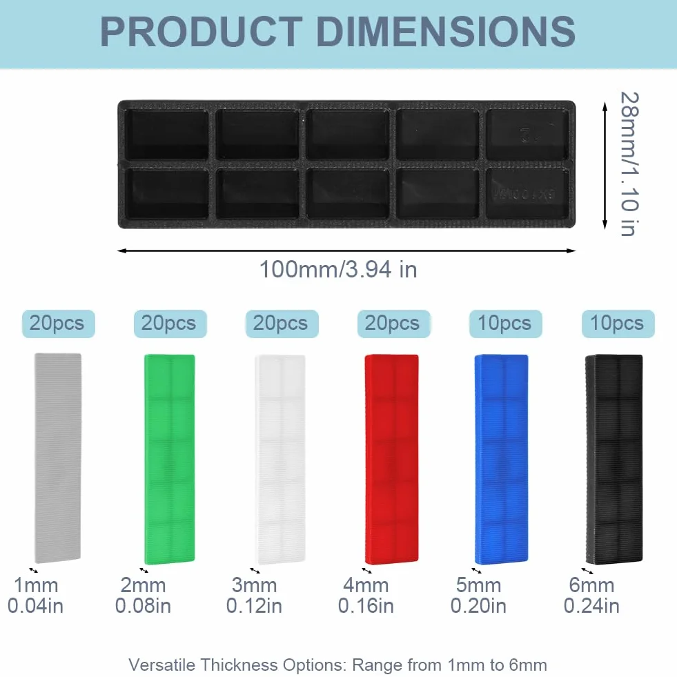 Zestaw podkładek dystansowych z tworzywa sztucznego, 100 szt. 100 x 28 mm x 1-6 mm, płaskie, wielokolorowe, podkładki dystansowe, klocki dystansowe do montażu ramy, wykładzin podłogowych