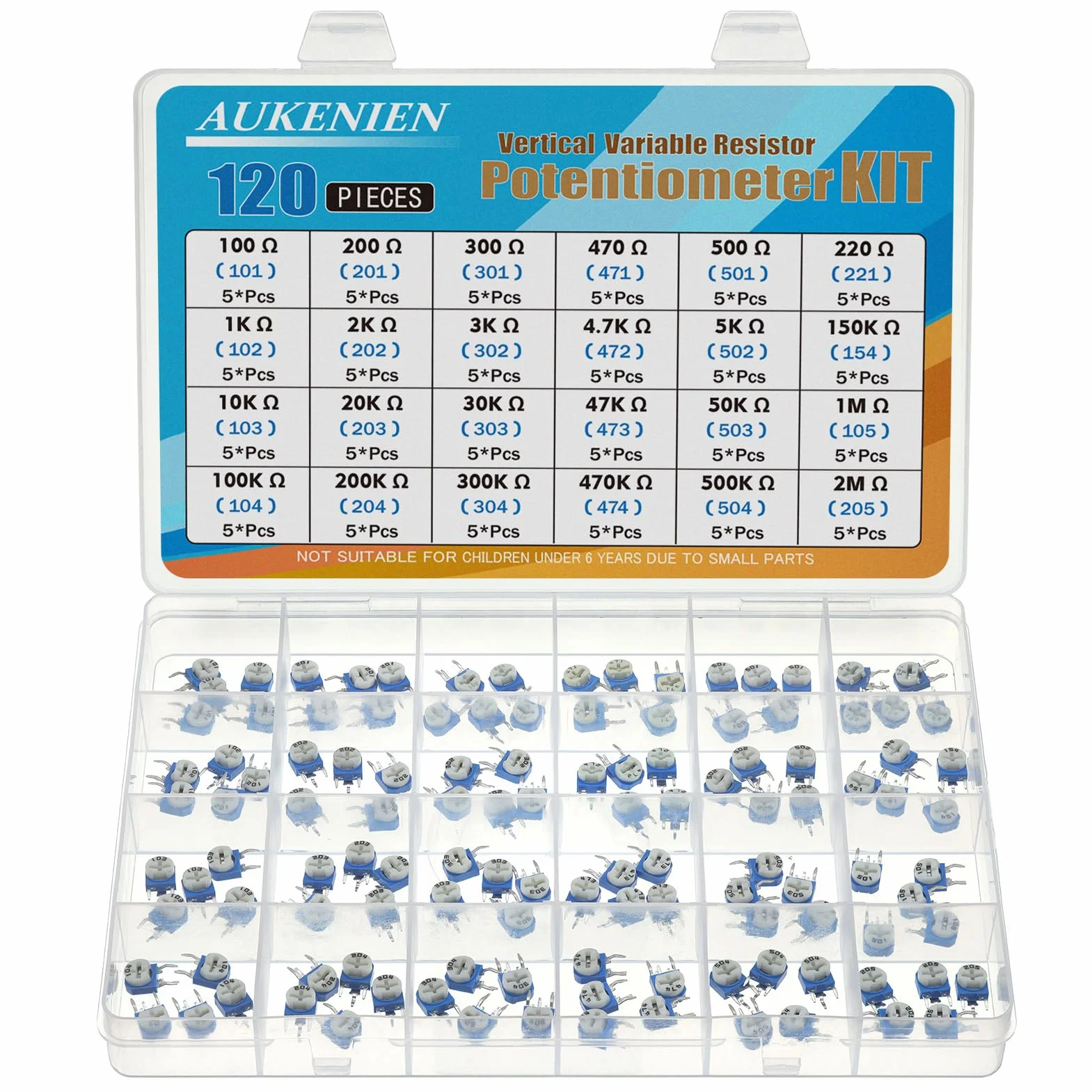 AUKENIEN 120szt Potencjometr trymera pionowy rezystor zmienny 100 Ohm - 2M Zestaw
