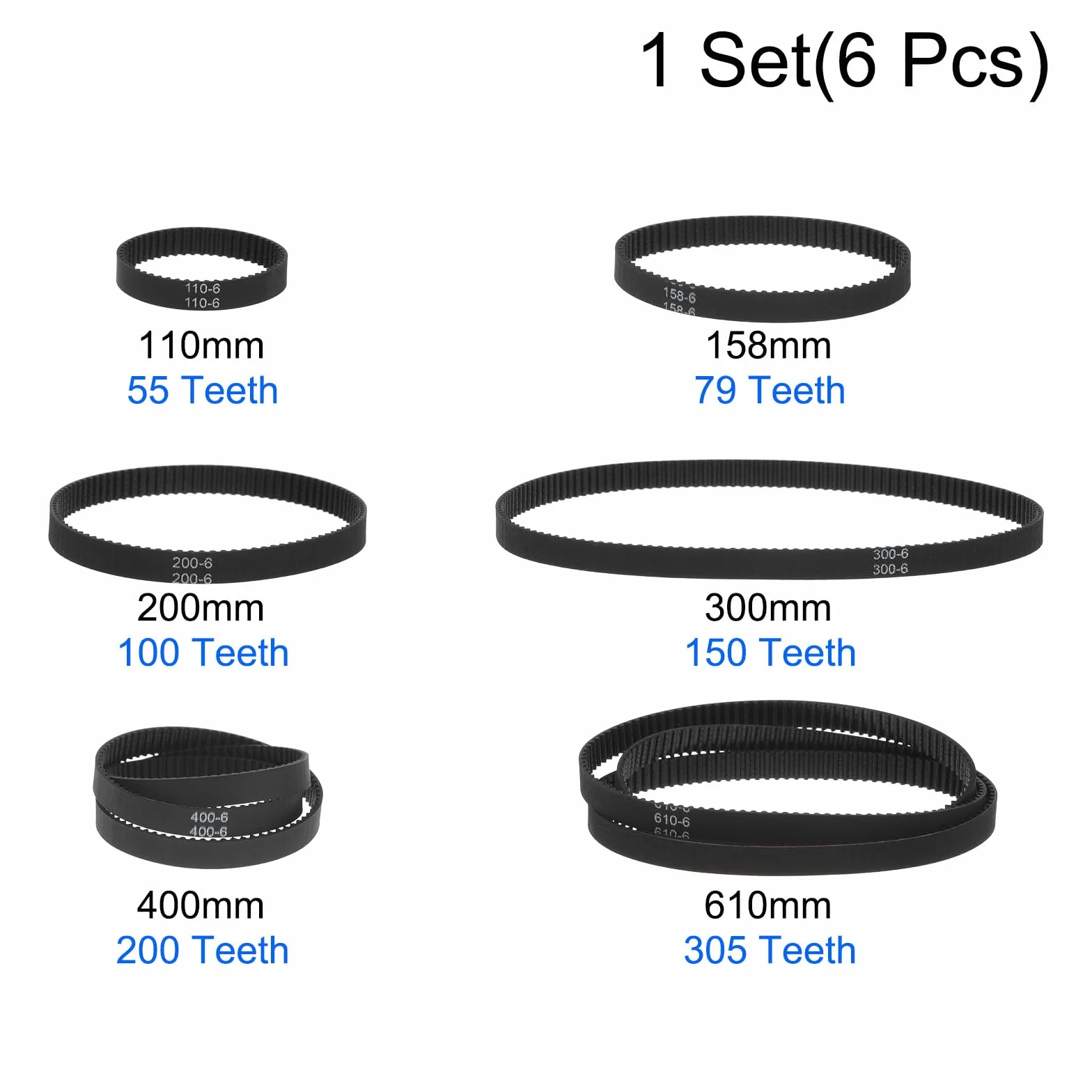 QUARKZMAN Pasek rozrządu 2GT Closed Loop o szerokości 6 mm, różne długości: 110 mm, 158 mm, 200 mm, 300 mm, 400 mm, 610 mm, do drukarek 3D