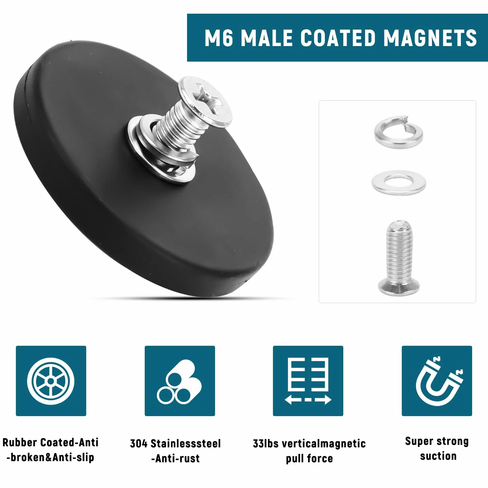 Magnesy gumowane antypoślizgowe 43 mm 8 sztuk neodymowe ze śrubami M4 siła 15 kg