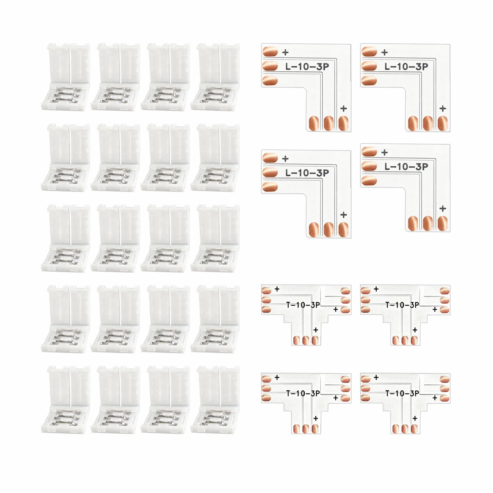28 sztuk 3-pinowych 10 mm złącze LED w kształcie litery L i adapter w kształcie litery T, bezlutownicze przyłącze światła do taśm LED, łącznik narożny taśmy LED, do projektów oświetleniowych LED, do