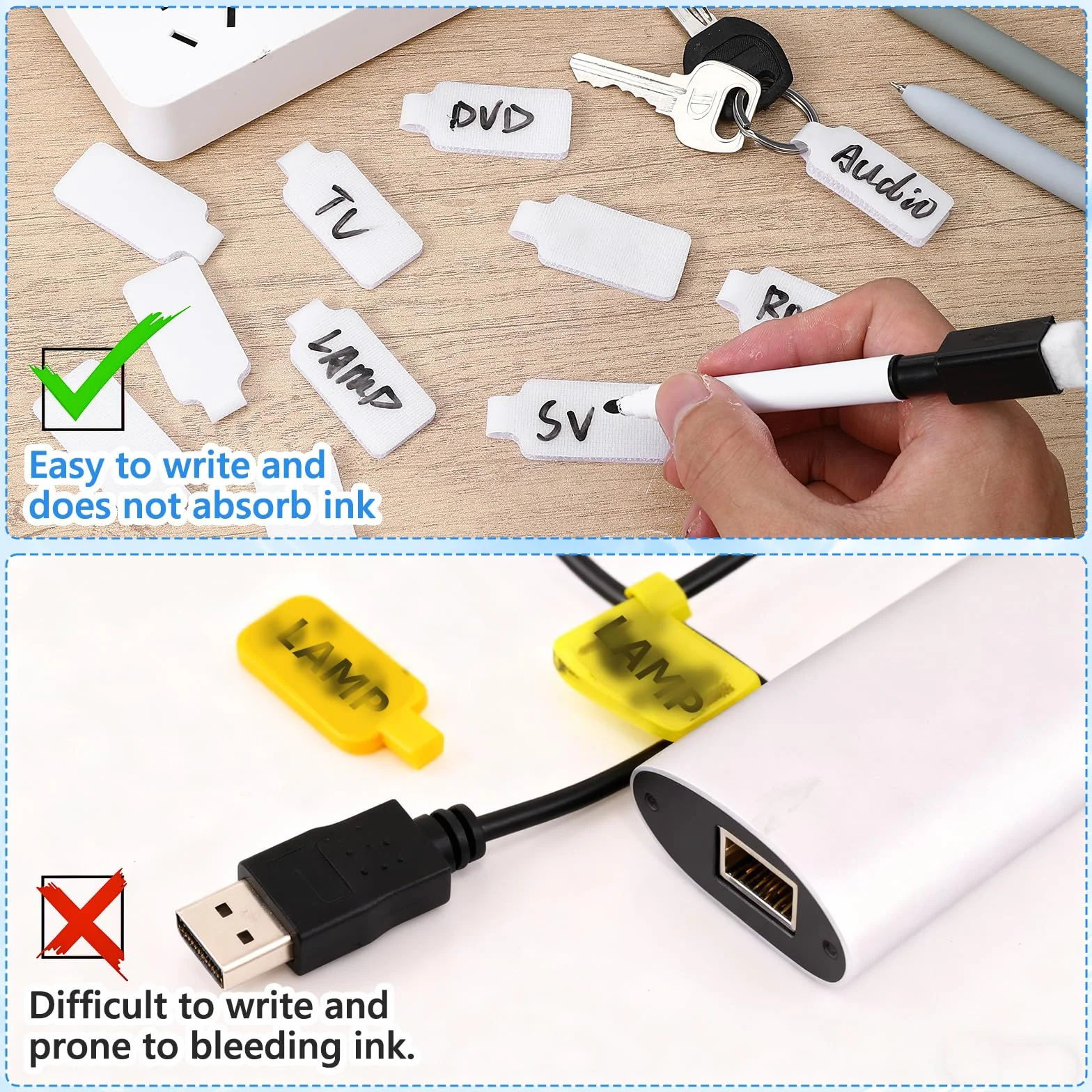 60 sztuk etykiet na kable, 4 cm x 2 cm, nylonowe etykiety do wielokrotnego użytku, samoprzylepne etykiety do zarządzania kablami, idealne do identyfikacji przewodów i elektroniki (białe)