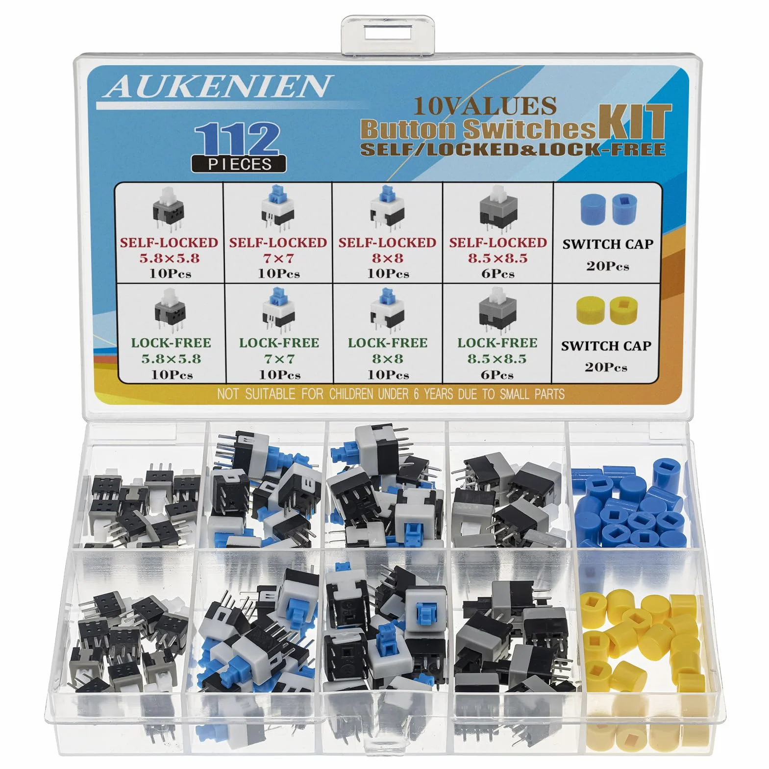AUKENIEN Zestaw Przełączników DPDT Samoblokujący 6 Pin 5.8x5.8mm 7x7mm 8x8mm 8.5x8.5mm