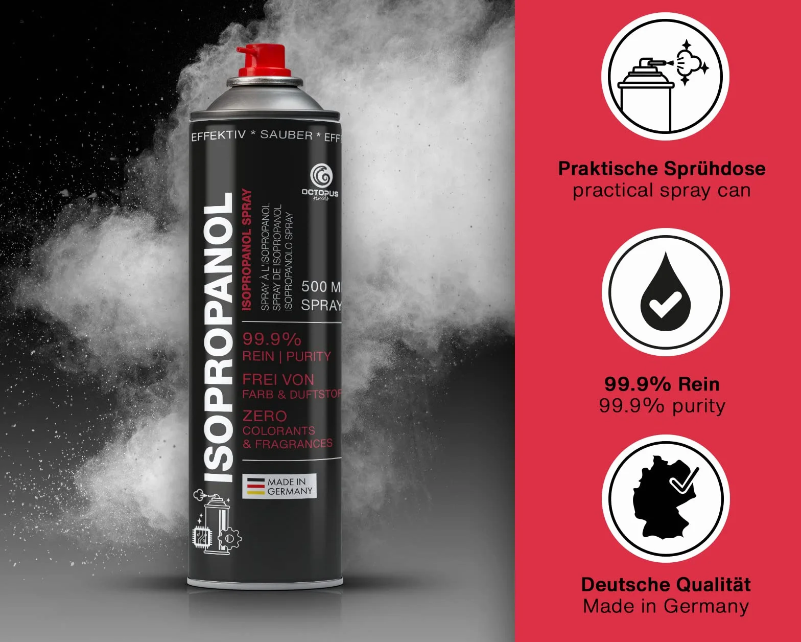 OCTOPUS izopropanol Spray, IPA alkohol czyszczący w praktycznej puszce z rozpylaczem – 500 ml