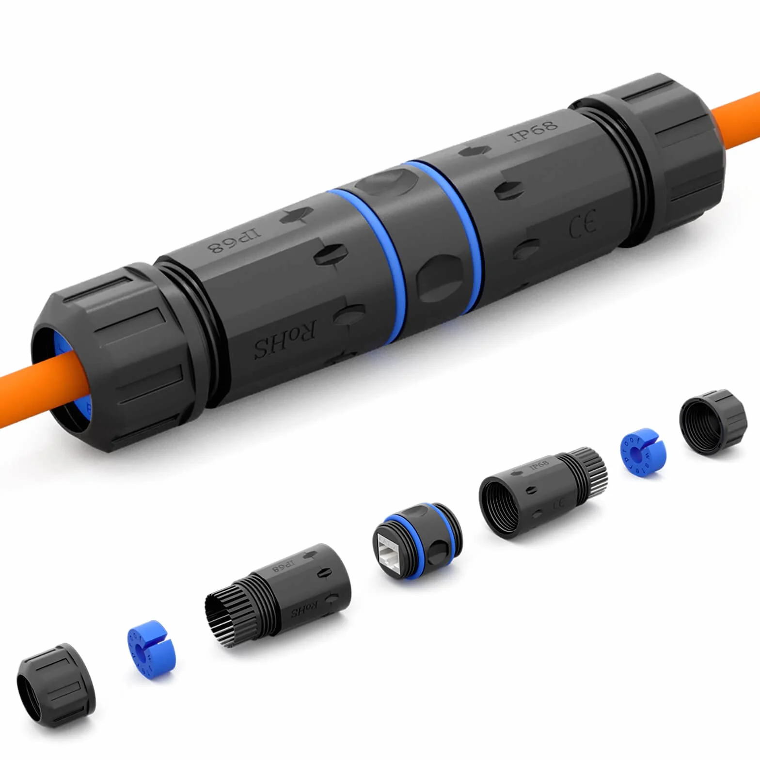 hb-digital 1 x RJ45 złącze kabla krosowego, CAT. 7 OUTDOOR IP68, wodoszczelne złącze Ethernet, kabel sieciowy, adapter LAN przedłużacz gniazdo RJ45 (8P8C) STP AWG26-22, na zewnątrz, kolor czarny