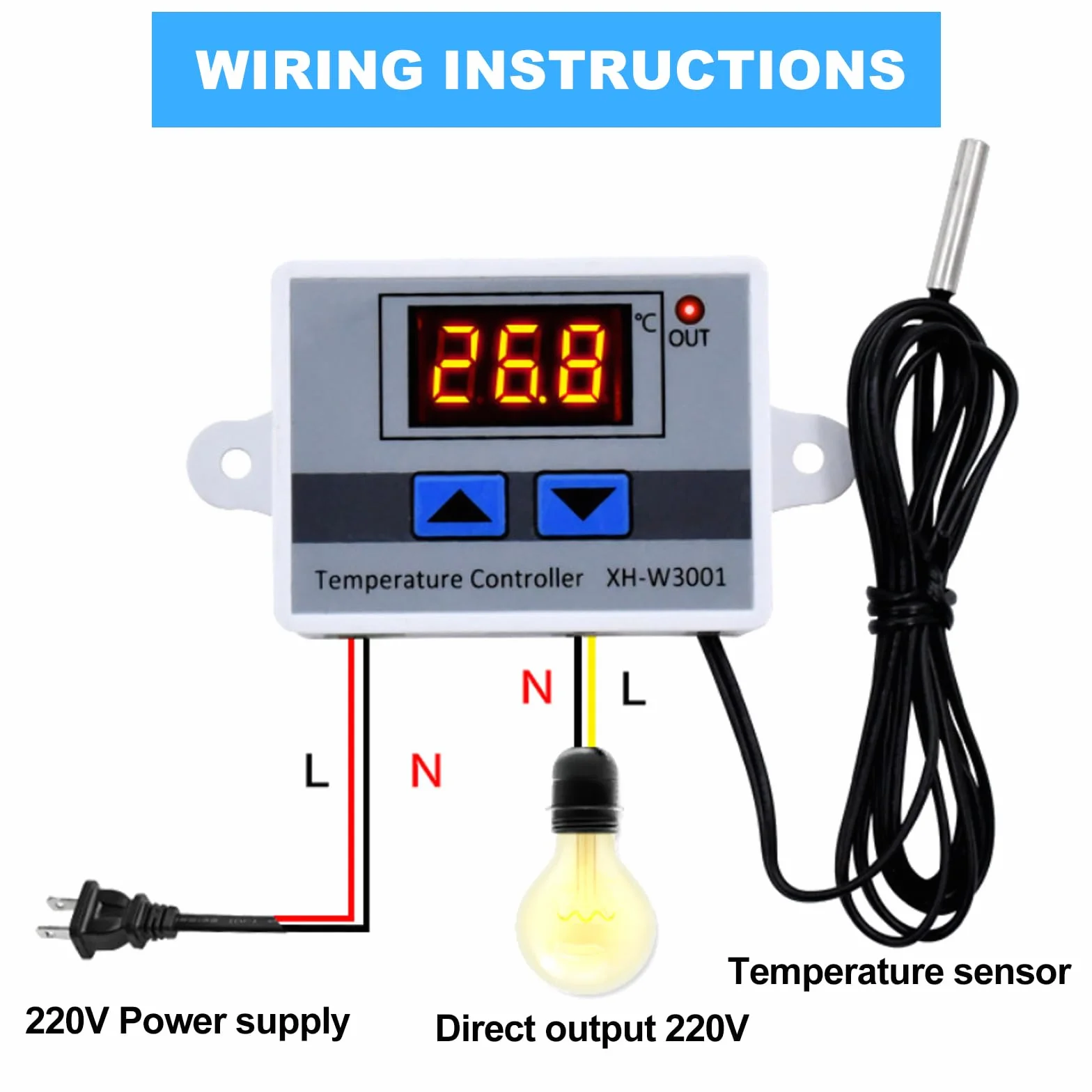 3 sztuki cyfrowego regulatora temperatury, termostat cyfrowy XH-W3001 z czujnikiem, wodoodporna sonda AC110V-220V, wyświetlacz LCD, termostat do ogrzewania i chłodzenia