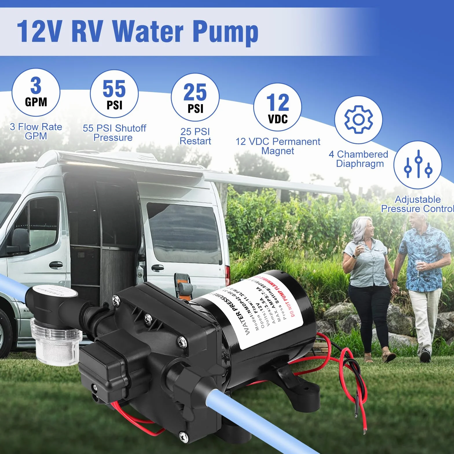 4008101E65 pompa wodna 12 V, 3 GPM 55 PSI DC, pompa samozasysająca 7,5 A, pompa ciśnieniowa z membraną 4-komorową i przełącznikiem ciśnieniowym do przyczep kempingowych, jachtów, ogrodu