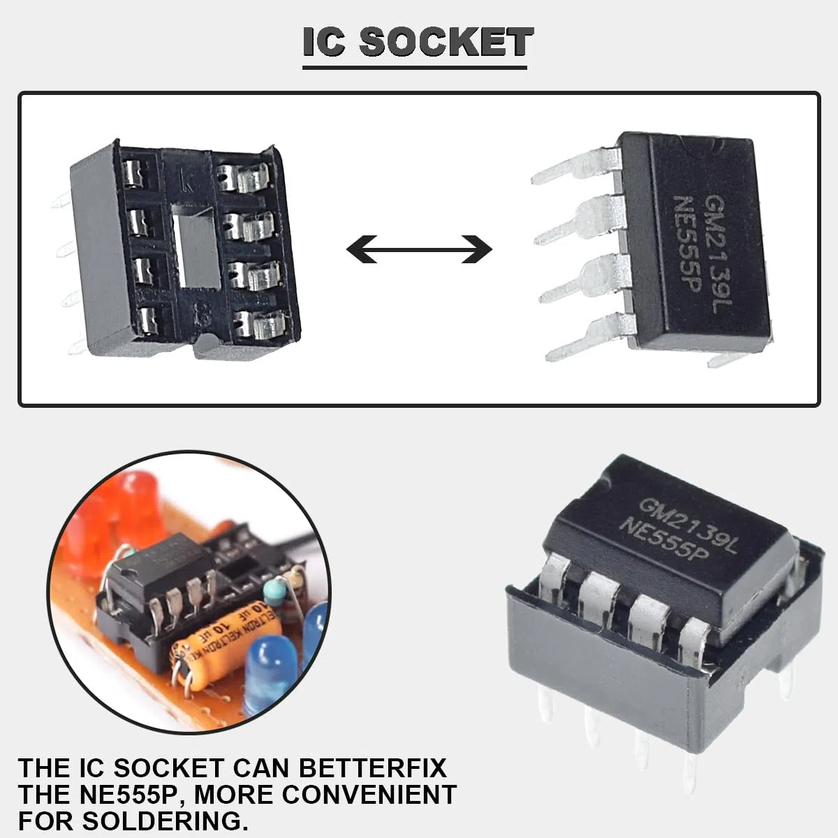 50 sztuk NE555P Precision Timer Single NE555 IC generator impulsów Single Bipolar DIP-8 + 50 sztuk gniazd DIP-C IC do projektów elektronicznych DIY