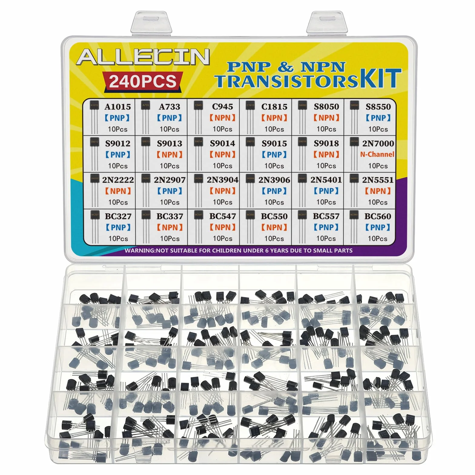 24 Values BJT Transistor Kit A1015 A733 C945 C1815 S8050 S8550 S9012 S9013 S9014 S9015 S9018 2N7000 2N2222 2N2907 2N3904 2N3906 2N5401 2N5551 BC327 BC337 BC547 BC550 BC557 BC560 Transistors