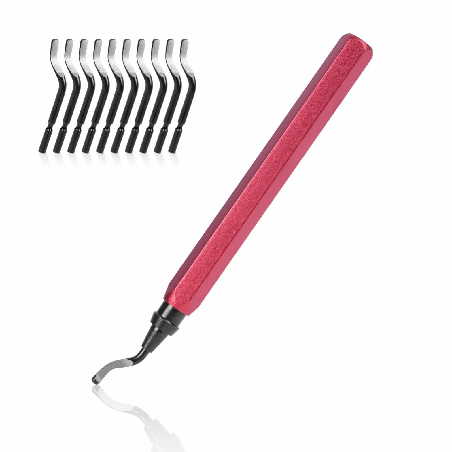 flintronic narzędzie do usuwania zadziorów, uniwersalne narzędzie do usuwania zadziorów, metalowy uchwyt z 11 zapasowymi ostrzami, obrotowe ostrze 360°, narzędzie tnące do drukarki 3D, Czerwony