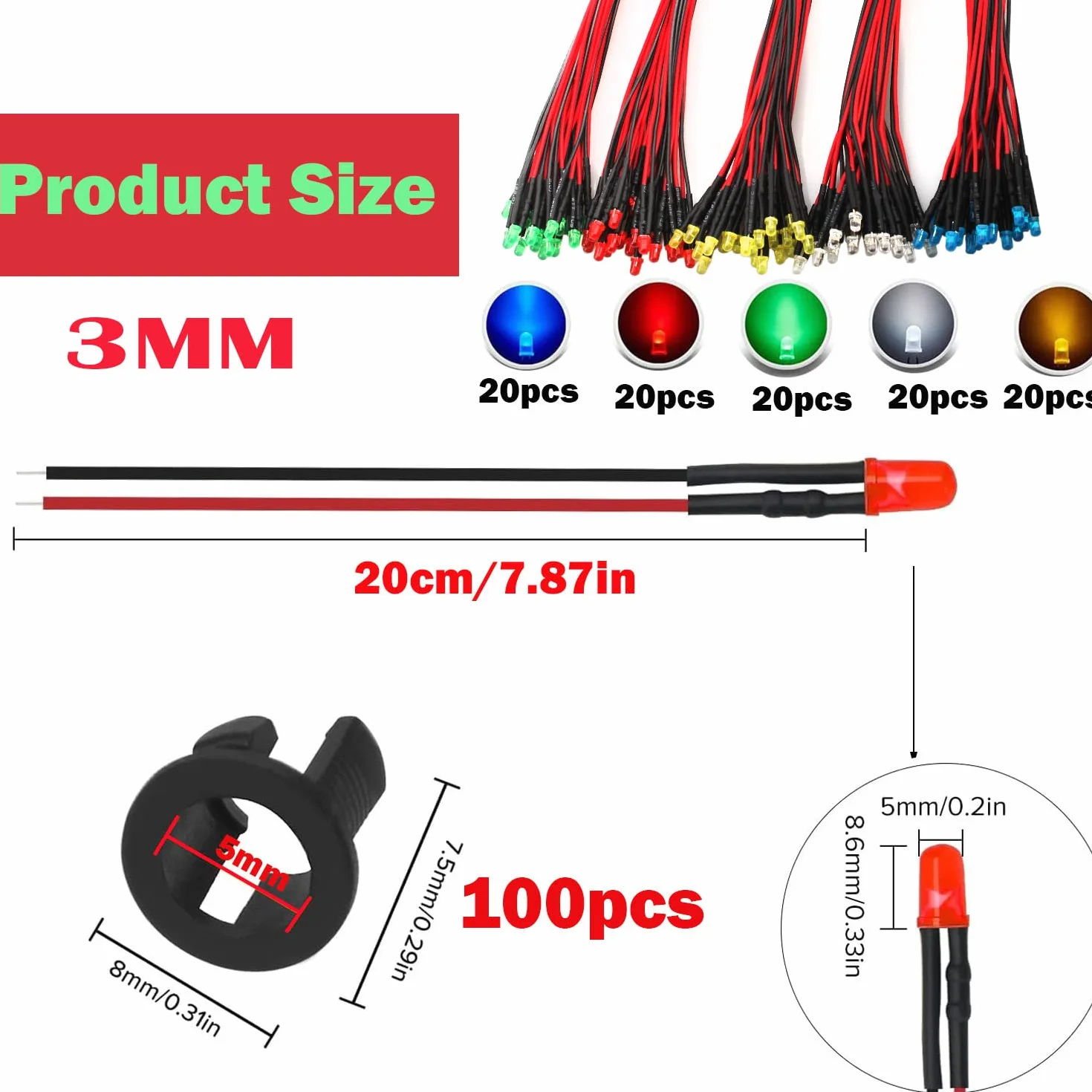 RUNCCI-YUN 100 sztuk 3 mm 3 V-9V-12 V LED dioda LED, z kablem 12 V, oświetlenie modelu kolejki H0, diody LED + 100 sztuk pierścieni montażowych LED 3 mm z tworzywa sztucznego (czerwony, żółty,