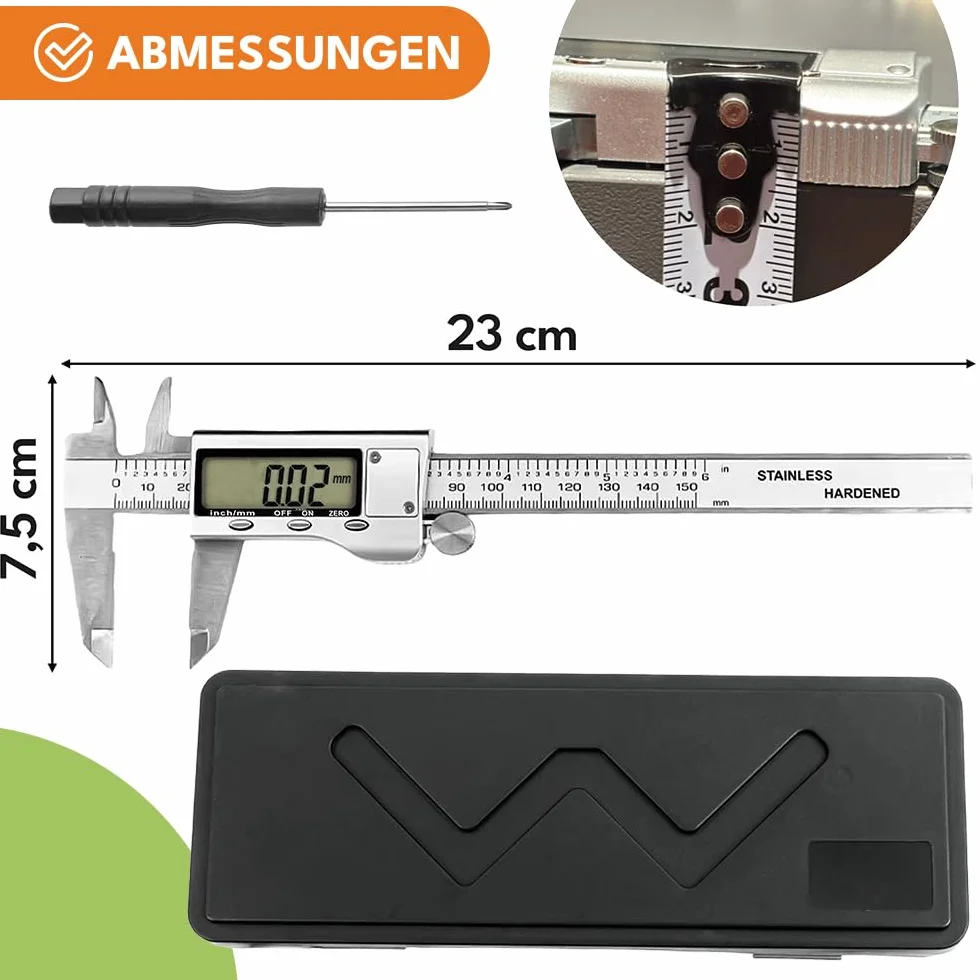 KRUMAD suwmiarka cyfrowa 150 mm ze stali nierdzewnej z kolorowym opakowaniem, cyfrowy precyzyjny przyrząd pomiarowy, elektroniczny suwmiarka LCD do średnic wewnętrznych i zewnętrznych, warsztat, dom