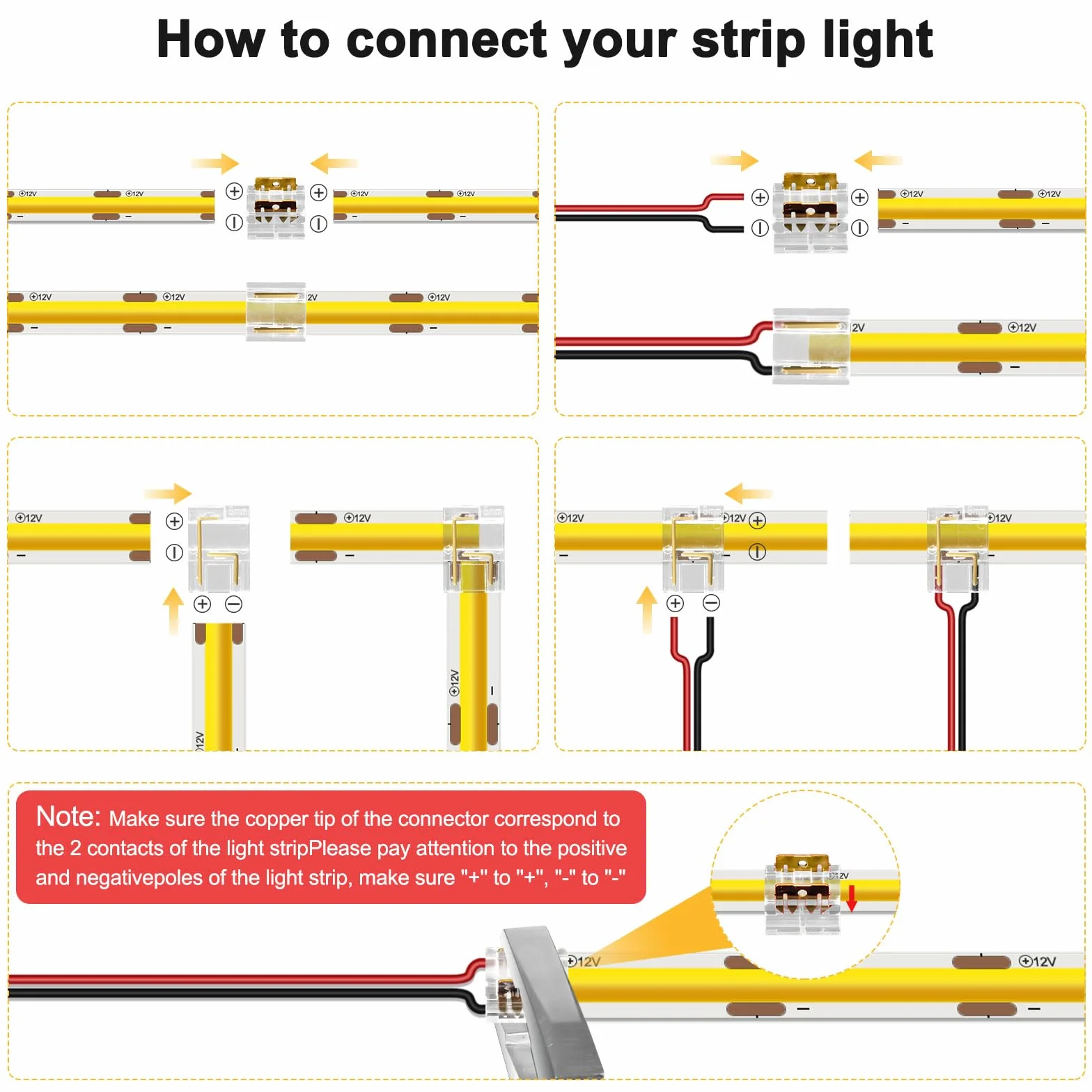 12 sztuk łączników narożnych LED, 2-biegunowe 8 mm L/T LED, bez ciemnej strefy, do 2835/3528 LED i 2-biegunowych COB LED