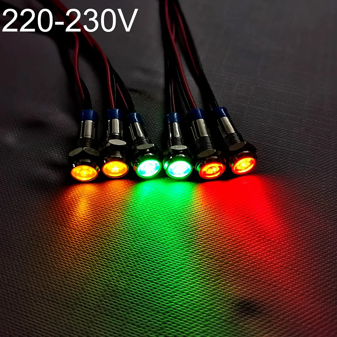 6 Sztuk Lampka Kontrolna LED 220V-230V AC 6mm Panel Pilot Dash Czerwony Żółty Zielony