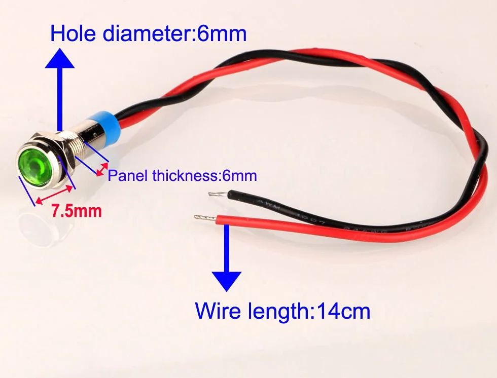 6 Sztuk Lampka Kontrolna LED 220V-230V AC 6mm Panel Pilot Dash Czerwony Żółty Zielony