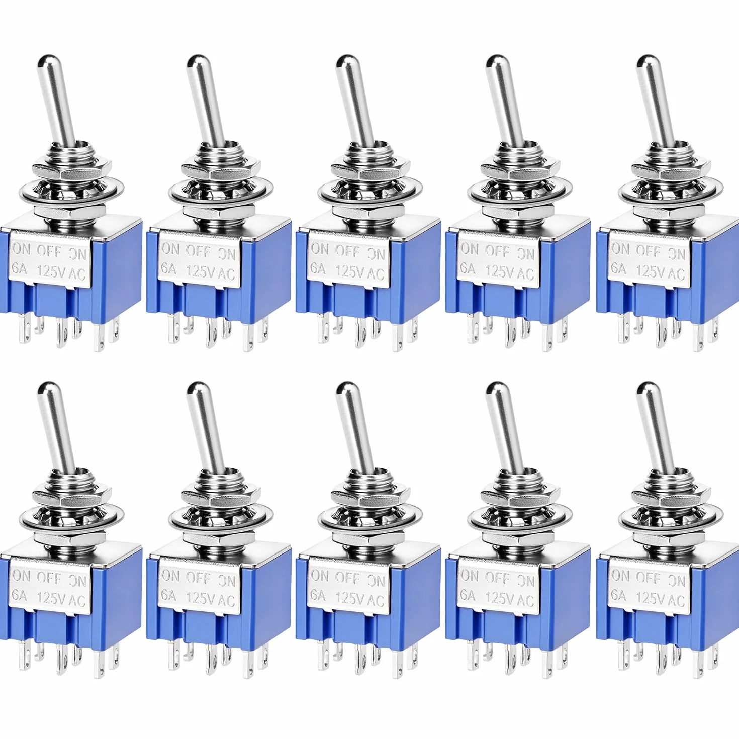QWORK® MTS-203 DPDT 3-pozycyjny przełącznik dźwigienkowy, 6-pinowy AC 125 V 6 A ON-OFF-ON, 10 sztuk