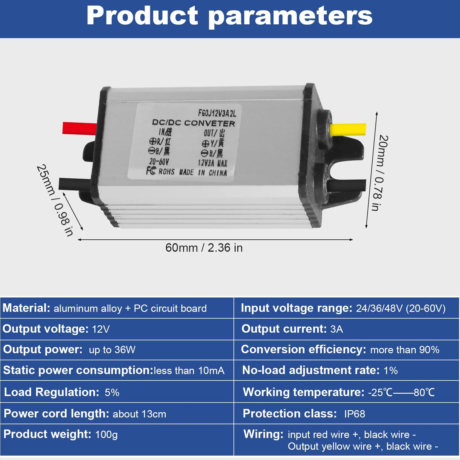 Regulator napięcia 12V DC-DC 24/36/48V do 12V 3A IP68 Szary