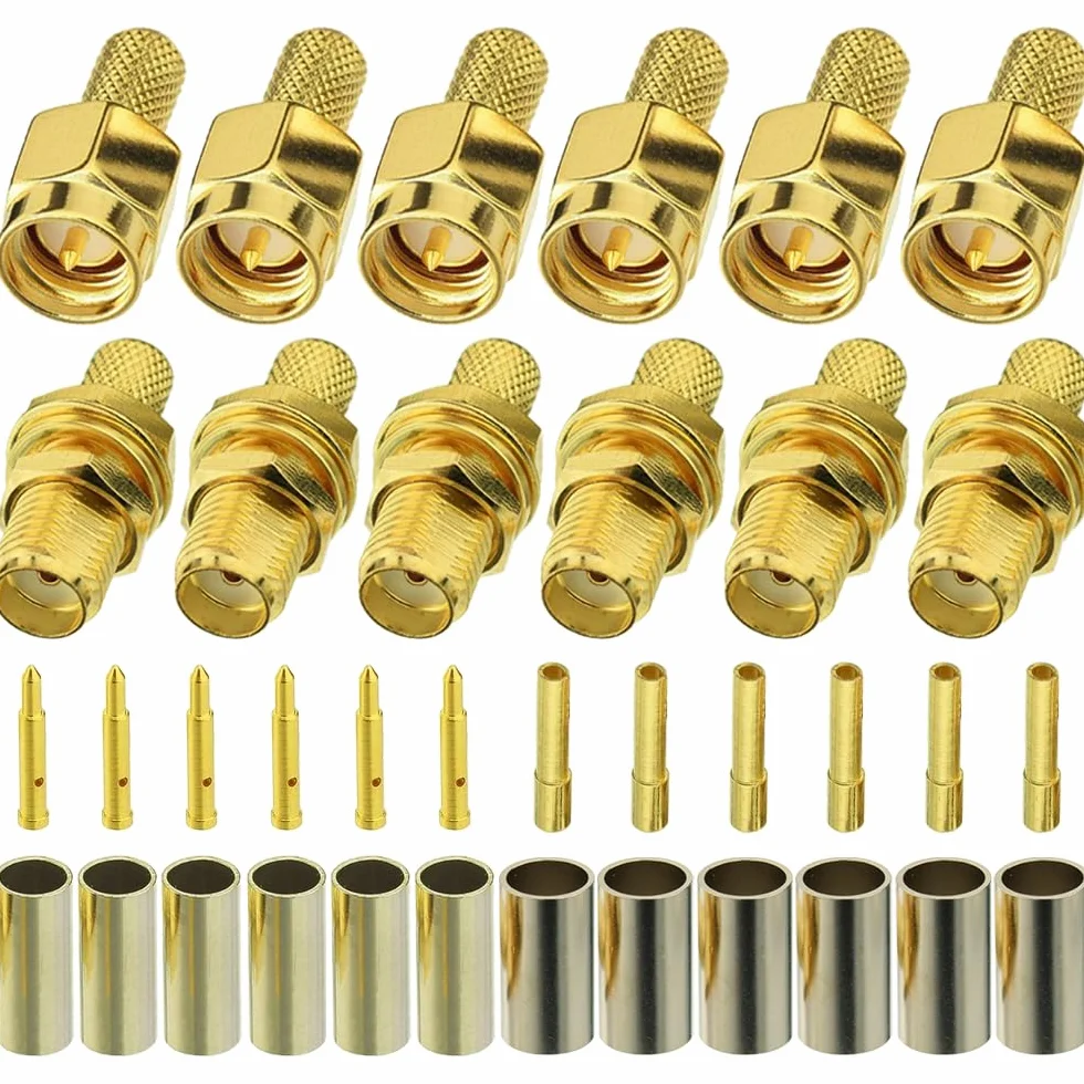 SMA Crimp Connector Kit, SMA męski Bulkhead Crimp Connector with SMA Female Bulkhead Crimp Connector, Gold Plated Solder RF Connector for RG316 RG174 Cable (12 szt.)