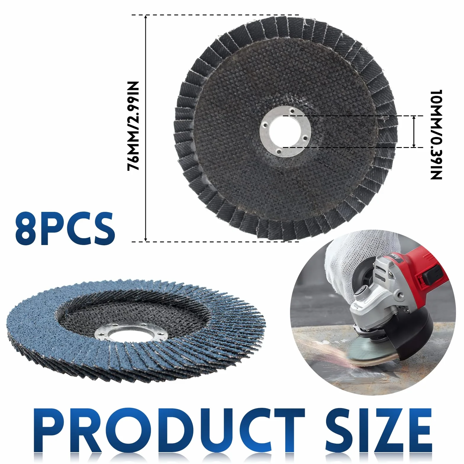 Zestaw 8 tarcz ściernych z lamelkami, Ø 76 mm x 10 mm Ziarno 40/60/80/120, do metalu, stali i drewna, pokryte tarczami lamelowymi (niebieski)