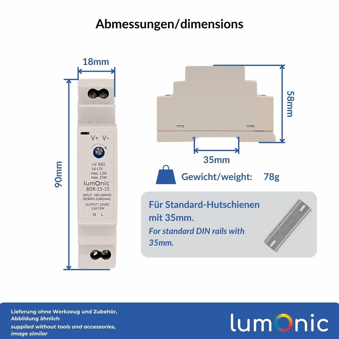 Lumonic I Zasilacz na szyne typu top-hat BDR-15-15 I 15V / 15W I Input 100-240VAC I Ochrona przed przeciazeniem I Zasilacz impulsowy na szyne DIN I Szafa sterownicza