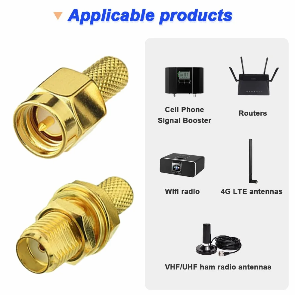 SMA Crimp Connector Kit, SMA męski Bulkhead Crimp Connector with SMA Female Bulkhead Crimp Connector, Gold Plated Solder RF Connector for RG316 RG174 Cable (12 szt.)