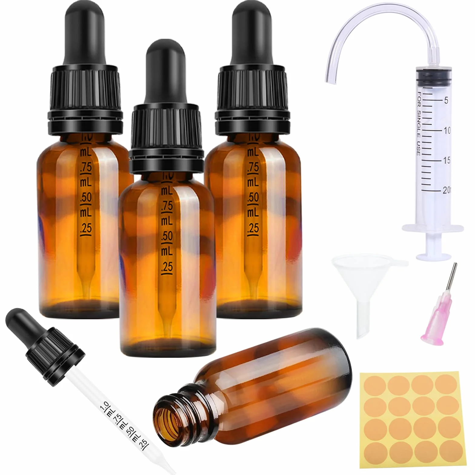 Nuts OT nuts Butelka z pipetą 20 ml, 4 szt., butelka z kroplomierzem, mała z 5 akcesoriami, do aromaterapii, do olejków eterycznych, Liquid Dyes, butelka farmaceutyczna (brązowa)