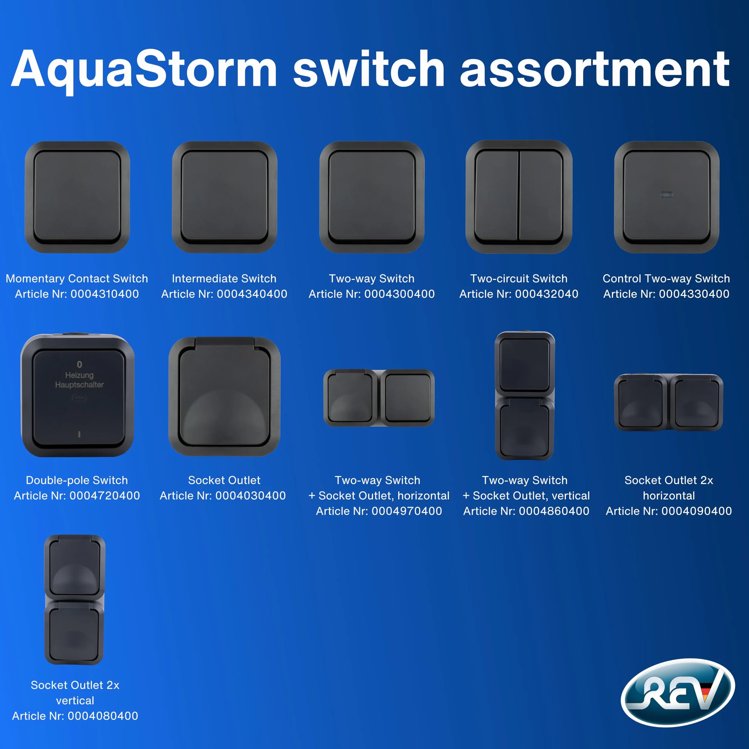 REV - AquaStorm, przełącznik kontrolny, do wilgotnych pomieszczeń IP55, jednobiegunowy, natynkowy, 230 V, 10 A, antracyt