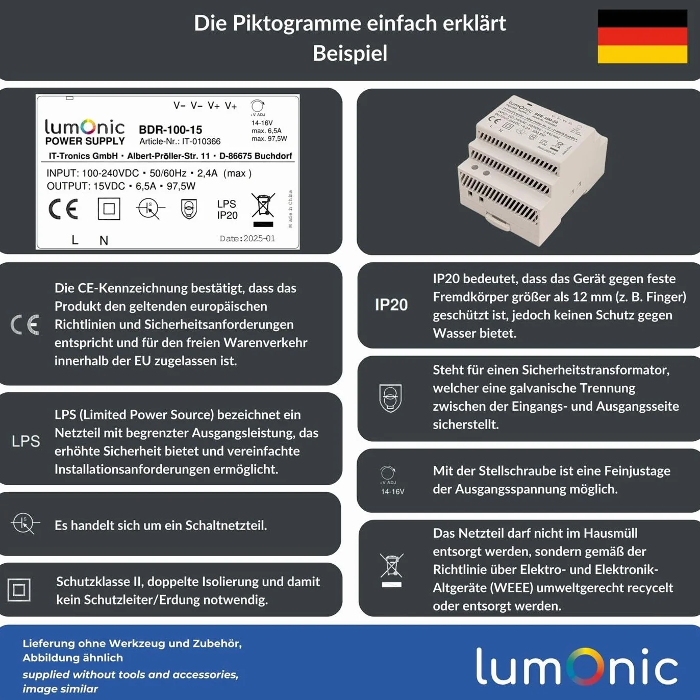 Lumonic I Zasilacz na szyne typu top-hat BDR-15-15 I 15V / 15W I Input 100-240VAC I Ochrona przed przeciazeniem I Zasilacz impulsowy na szyne DIN I Szafa sterownicza