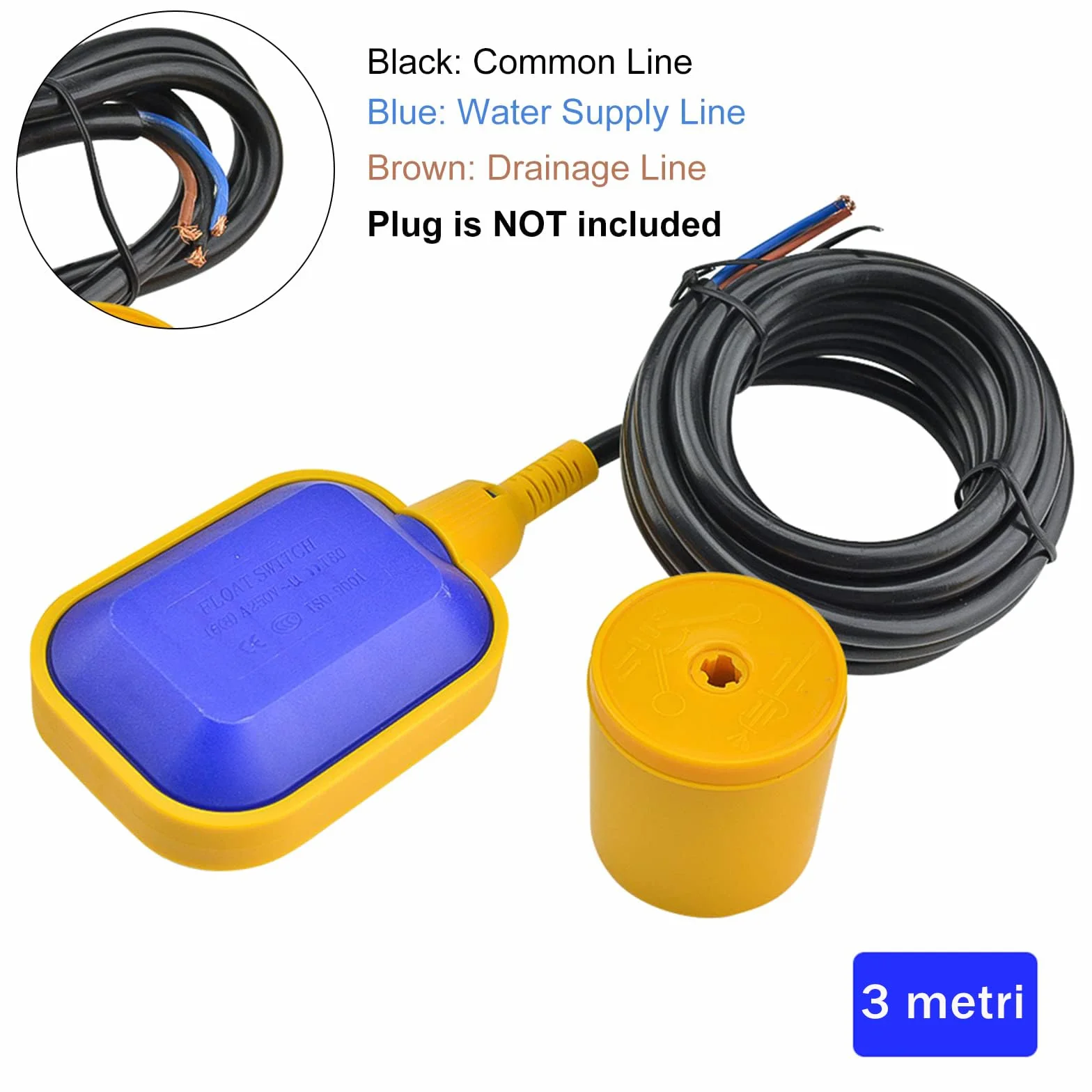Aideepen 3 m kabel do regulatora poziomu wody, prostokątny przełącznik pływakowy AC 220 V-380 V
