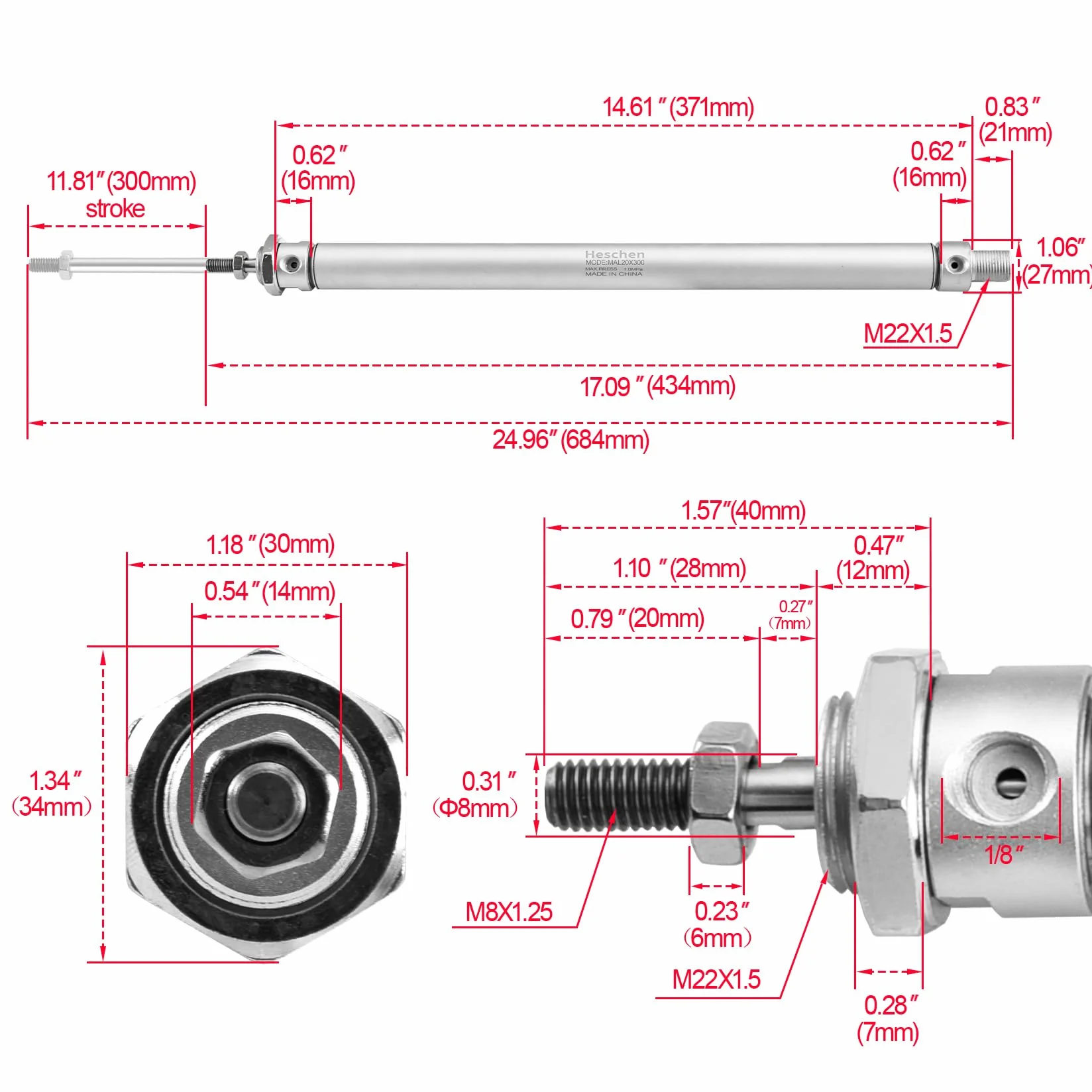 Heschen Pneumatyczny wąski cylinder pneumatyczny MAL 20-300 PT1/8 Port 20 mm otwór 300 mm skok dwustronnego działania