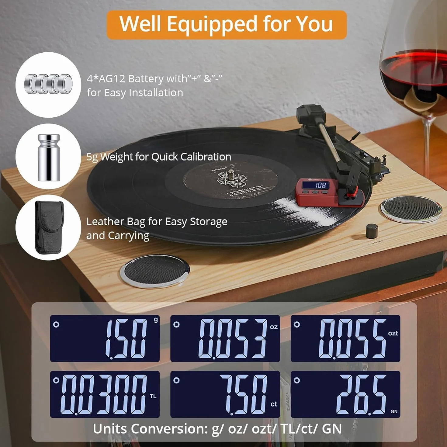 Neoteck Cyfrowe igły gramofonowe, gramofon, miernik siły rysika, 0,01 g/5,00 g, podświetlenie LCD do wkładu gramofonowego, czerwone