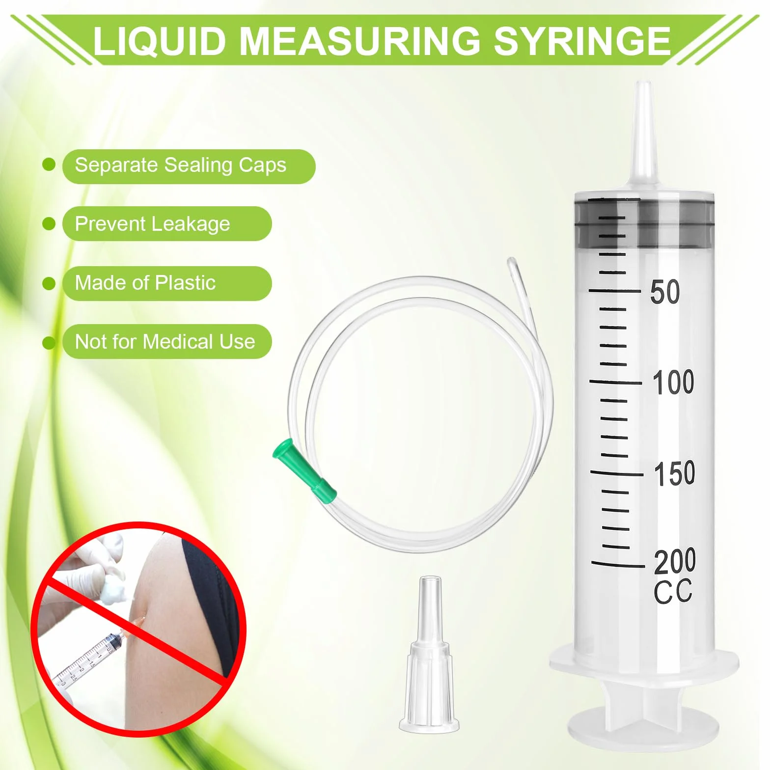 Strzykawka z tworzywa sztucznego, 200 ml, 3 szt. wielokrotnego użytku, duża objętość strzykawki z tworzywa sztucznego, indywidualnie owinięta plastikowa strzykawka z nakrętką, strzykawka bez kaniuli,