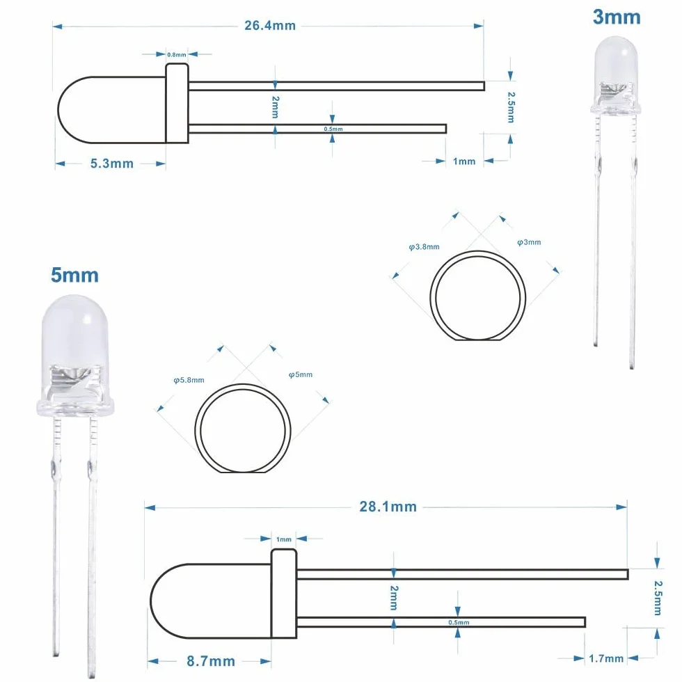 Elegoo Kolorowe diody LED 3 mm, 5 mm, różne kolory, przezroczyste, zestaw diod świecących z UV, RGB CC/CA do Arduino (zestaw 350 szt.)