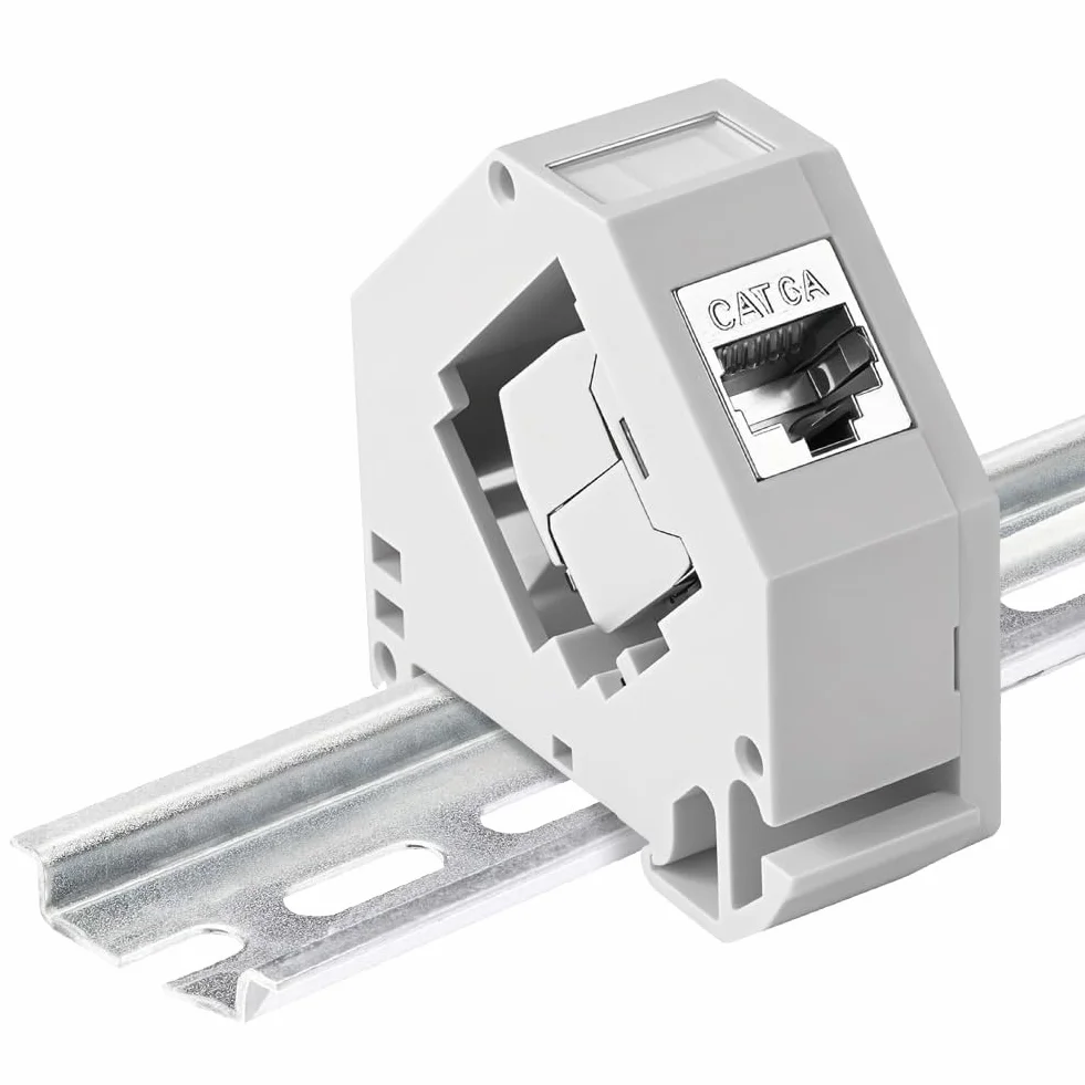 Panel montażowy modułu wspornika na szynę DIN 35 mm z modułami Keystone CAT6A – zawiera 2 x moduł CAT6A nie jest dołączony do szyny DIN