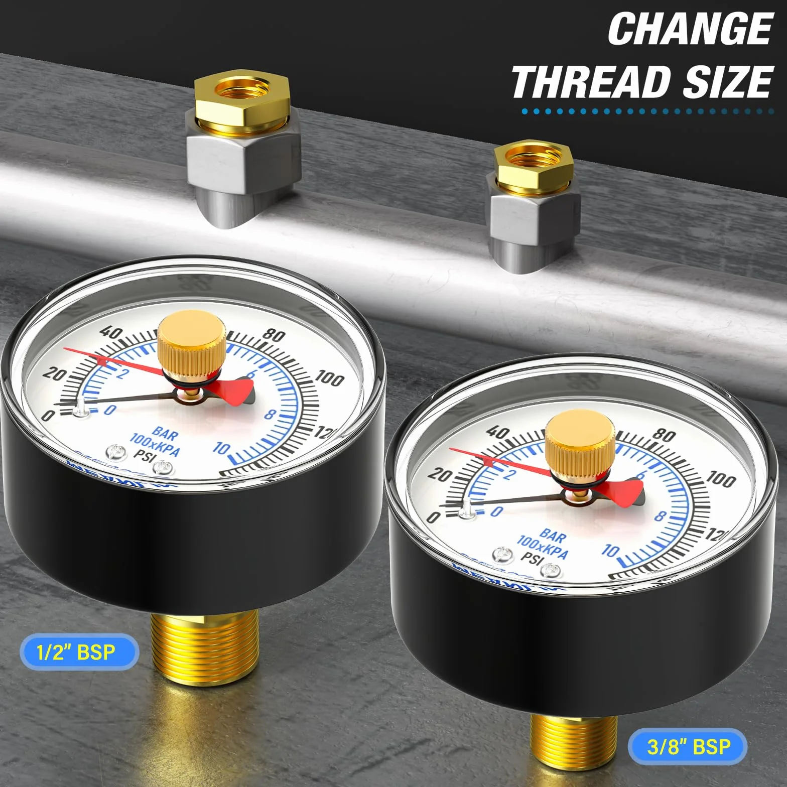 MEANLIN MEASURE 0~10 Bar/0~150Psi 2" DIAL FACE 1/4" BSP manometr pompy studni z adapterem BSP 1/2" i 3/8" BSP, dokładność 3-2-3%, z czerwonym wskaźnikiem, centralny tylny uchwyt