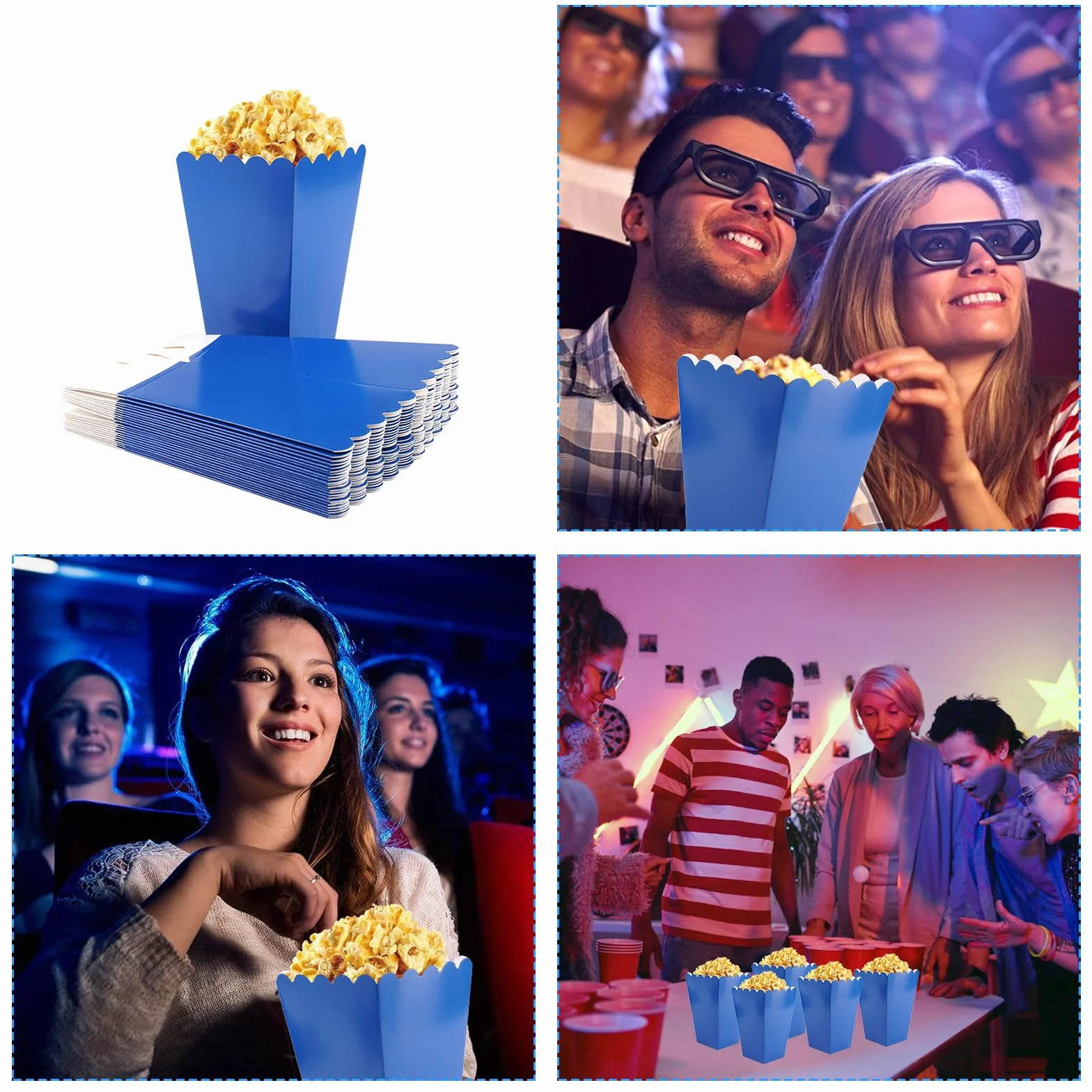 24 sztuki niebieskich papierowych pudełek na popcorn, 11,5 x 7 x 5 cm, mini papierowe pojemniki na popcorn, granatowe pudełka na popcorn, mini papierowe pudełka na popcorn, niebieskie, papierowe kubki