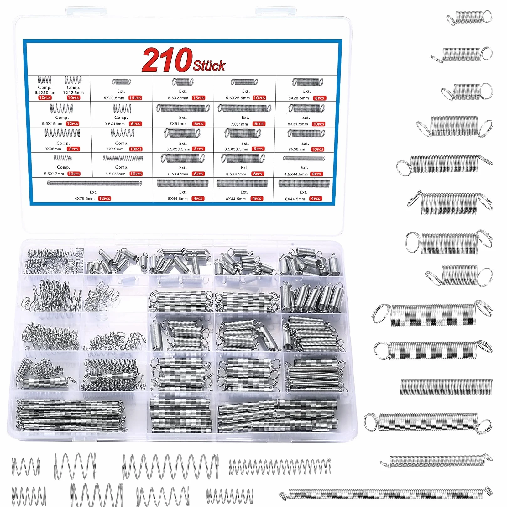 Zestaw 210 szt. sprężyn rozciągowych, sprężyn dociskowych i naprężających, sprężyny spiralne, sprężyny metalowe, sprężyny skoczne, sprężyny naprężające do narzędzi ręcznych, urządzeń, samochodów