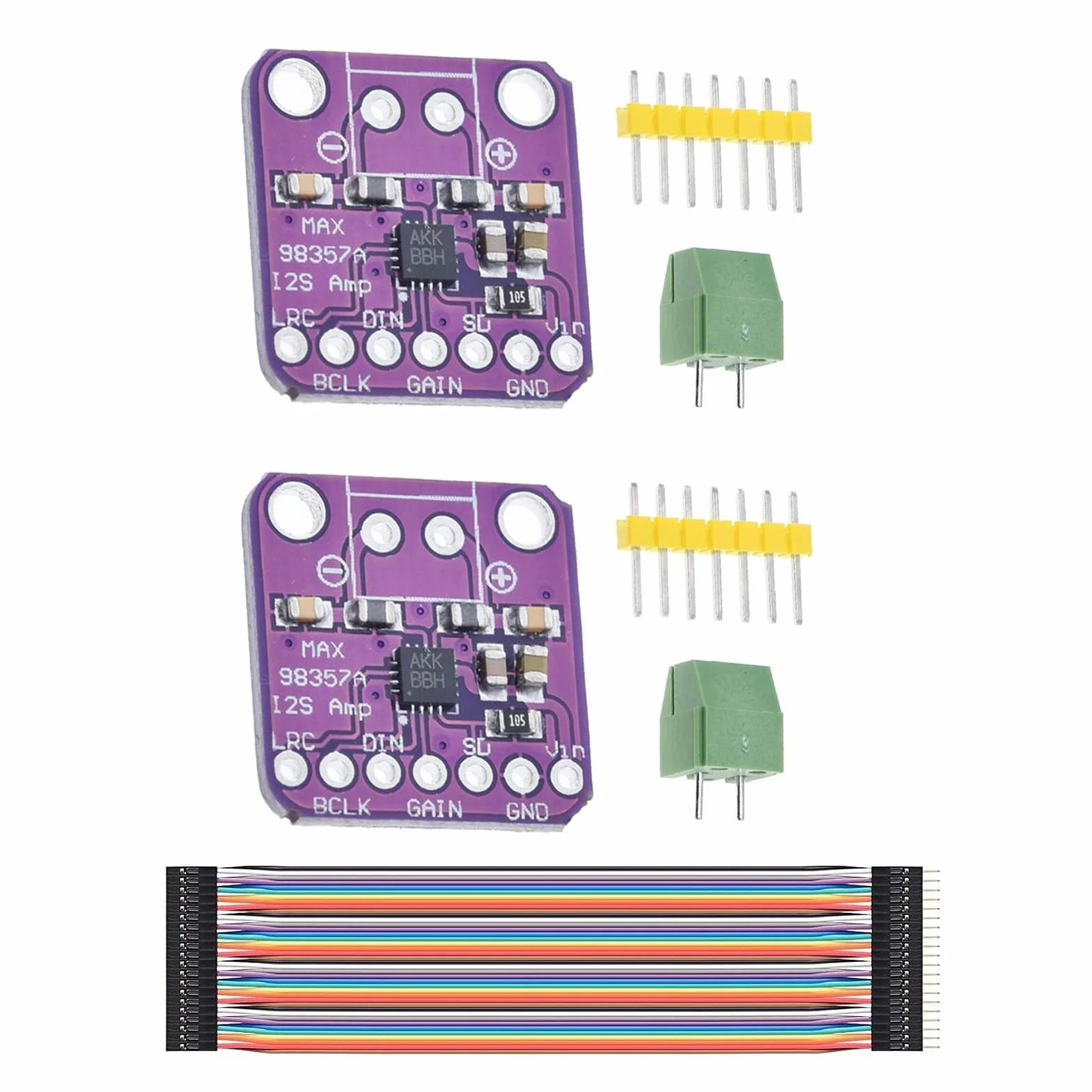 2 sztuki MAX98357A I2S wzmacniacz mono klasy D, bezfiltrowy moduł Breakout, moduł dekodera DAC o szerokim zakresie zastosowania, 20 szt. 30 cm kabel Dupont