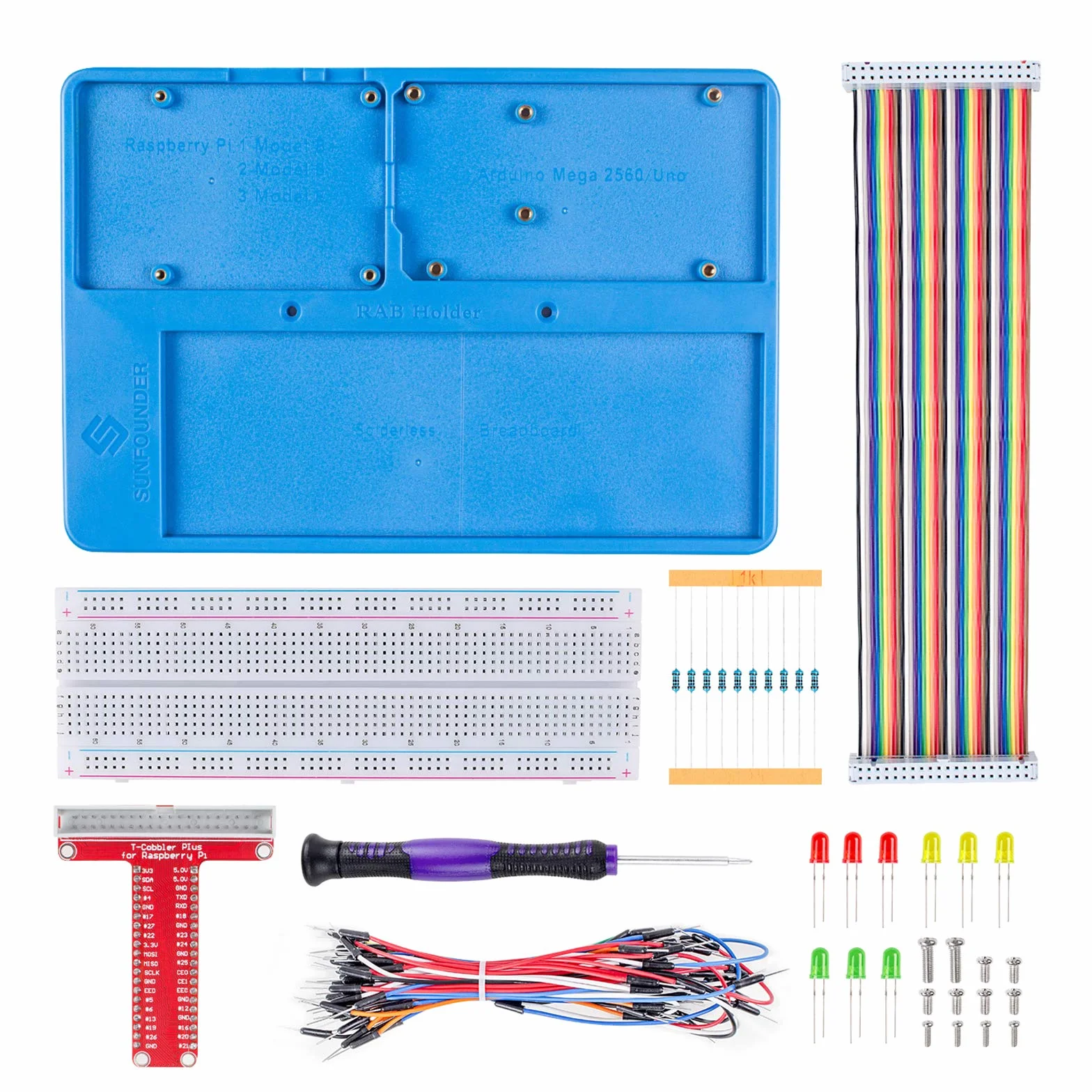 SUNFOUNDER Zestaw Breadboard Kit RAB Holder, 830 Points Solderless Circuit Breadboard, przewody skoczkowe, LED, rezystory kompatybilne z Arduino R3, Mega i Raspberry Pi 4B 3B+/3B, 2 Model B i 1 Model