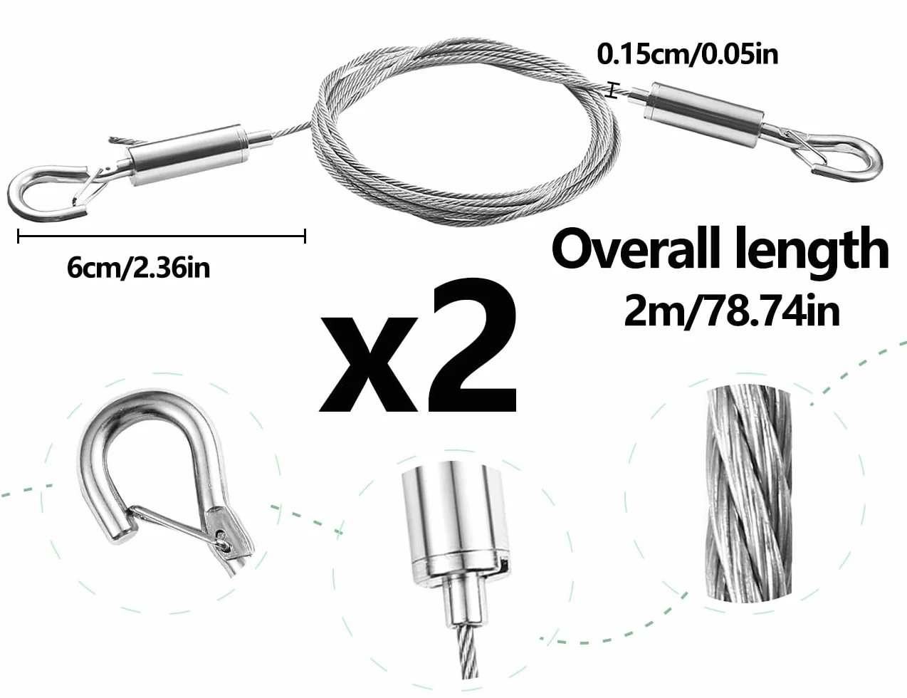 2 linki druciane, linka zabezpieczająca, stalowa regulowana, do zawieszenia, firanek, namiotu, prania, zasłony