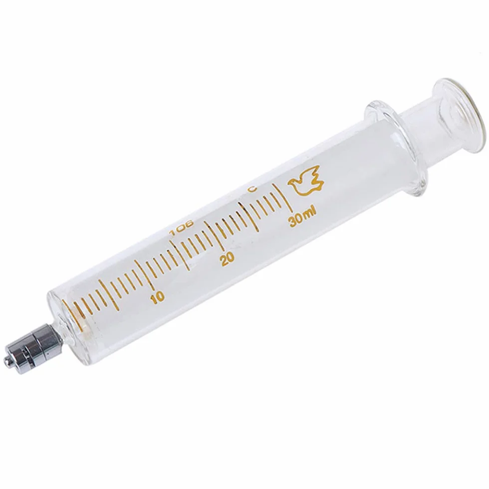Szklana strzykawka Luer Lock 30 ml wielokrotnego użytku z nakrętkami metalowy wtryskiwacz laboratoryjny