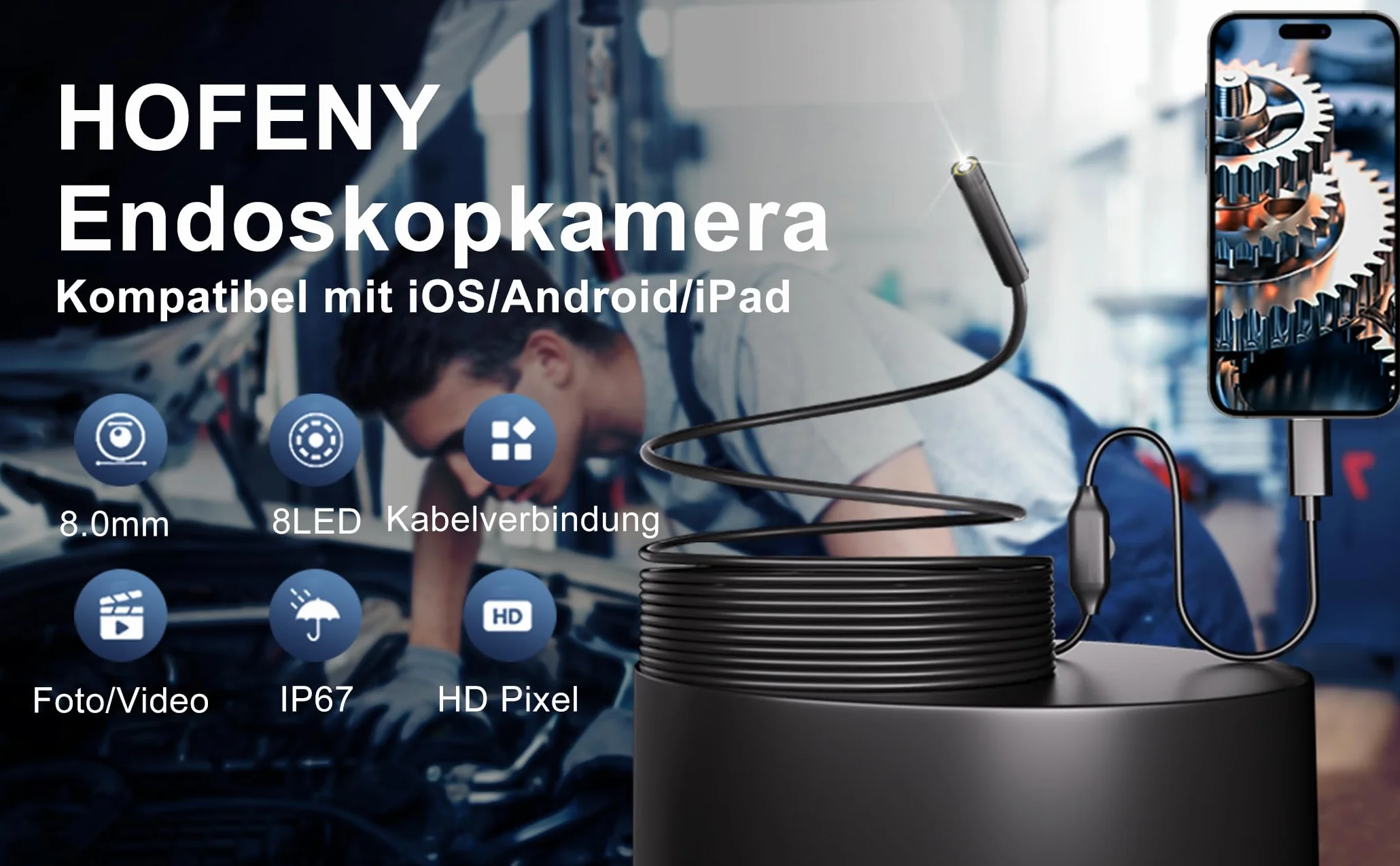 Hofeny kamera endoskopowa 1920p HD LED wodoszczelna