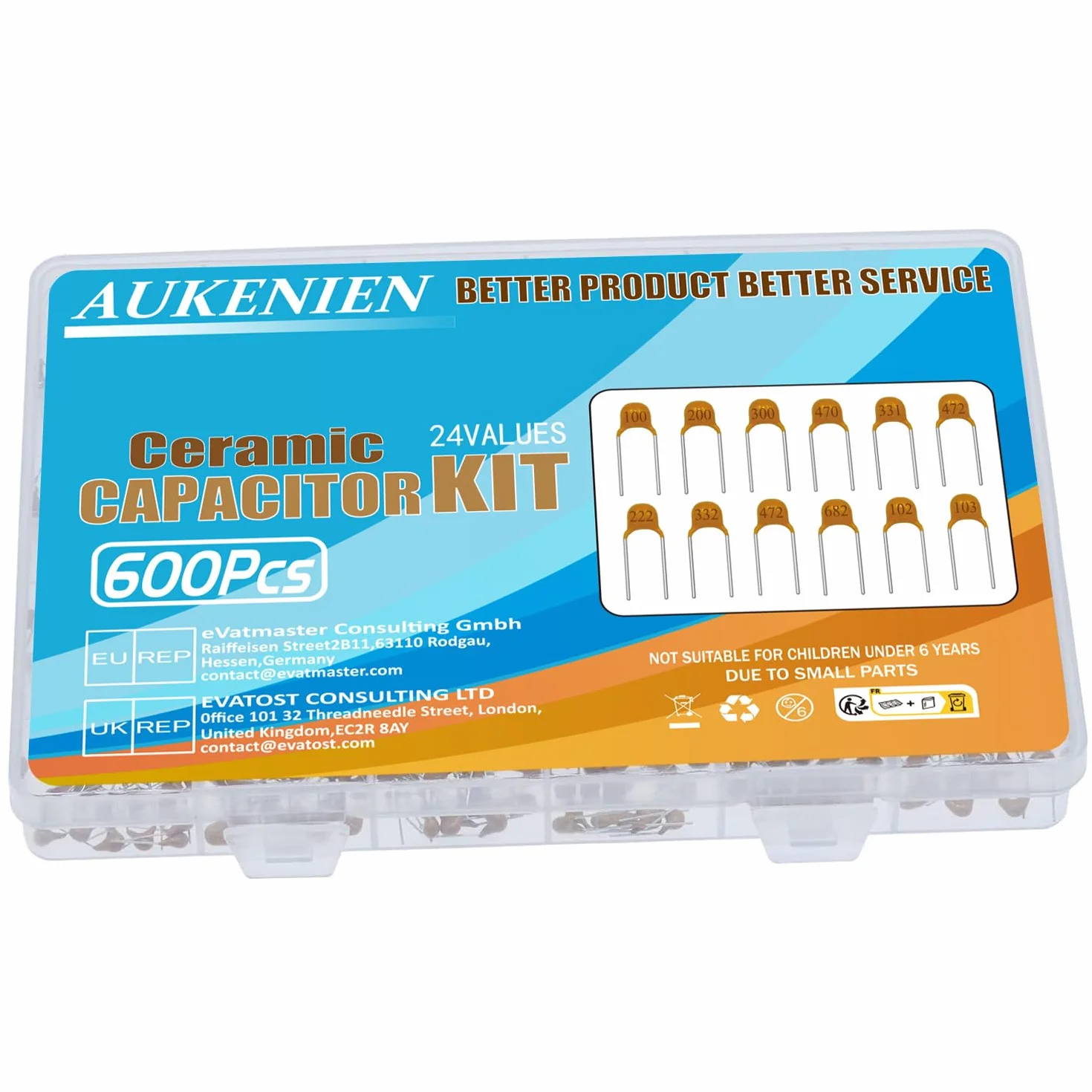 AUKENIEN 24Wartość 600sztuk Zestaw Kondensatorów ceramicznych Asortyment kondensatorów od 10pF do 100nF