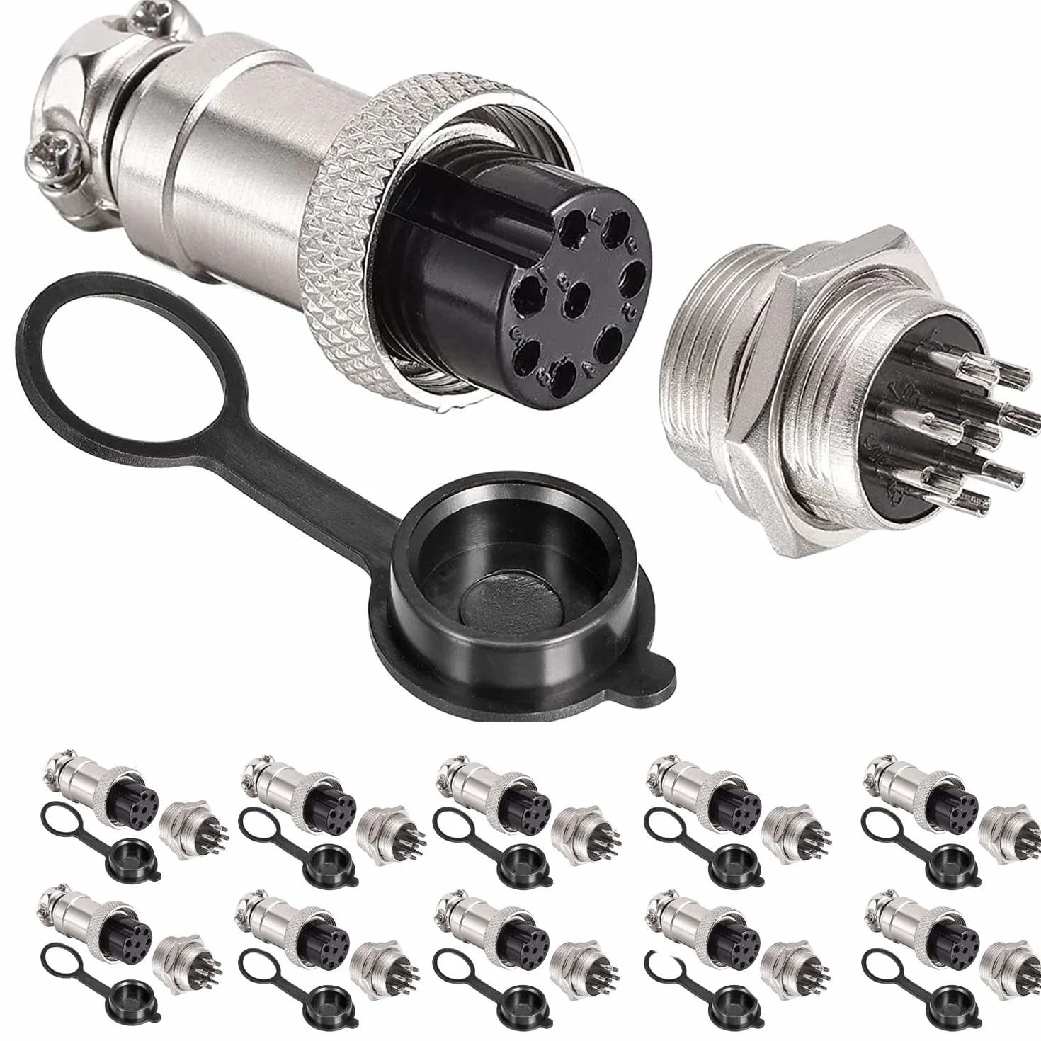 20 szt. GX16 8Pin Panel Metal Mounting Round Aviation Plug, 16 mm męski / żeński wtyk do kabli lotniczych 8-pinowy + gumowa czapka ochronna