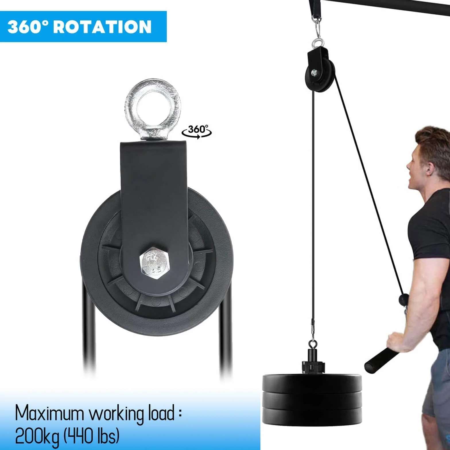 Rolka zwrotna 90 mm do lin 10 mm | udźwig 160 kg, funkcja obrotu 360° i niska głośność | Do urządzeń fitness, leśnictwa, domowego fitness i majsterkowania (2 sztuki)