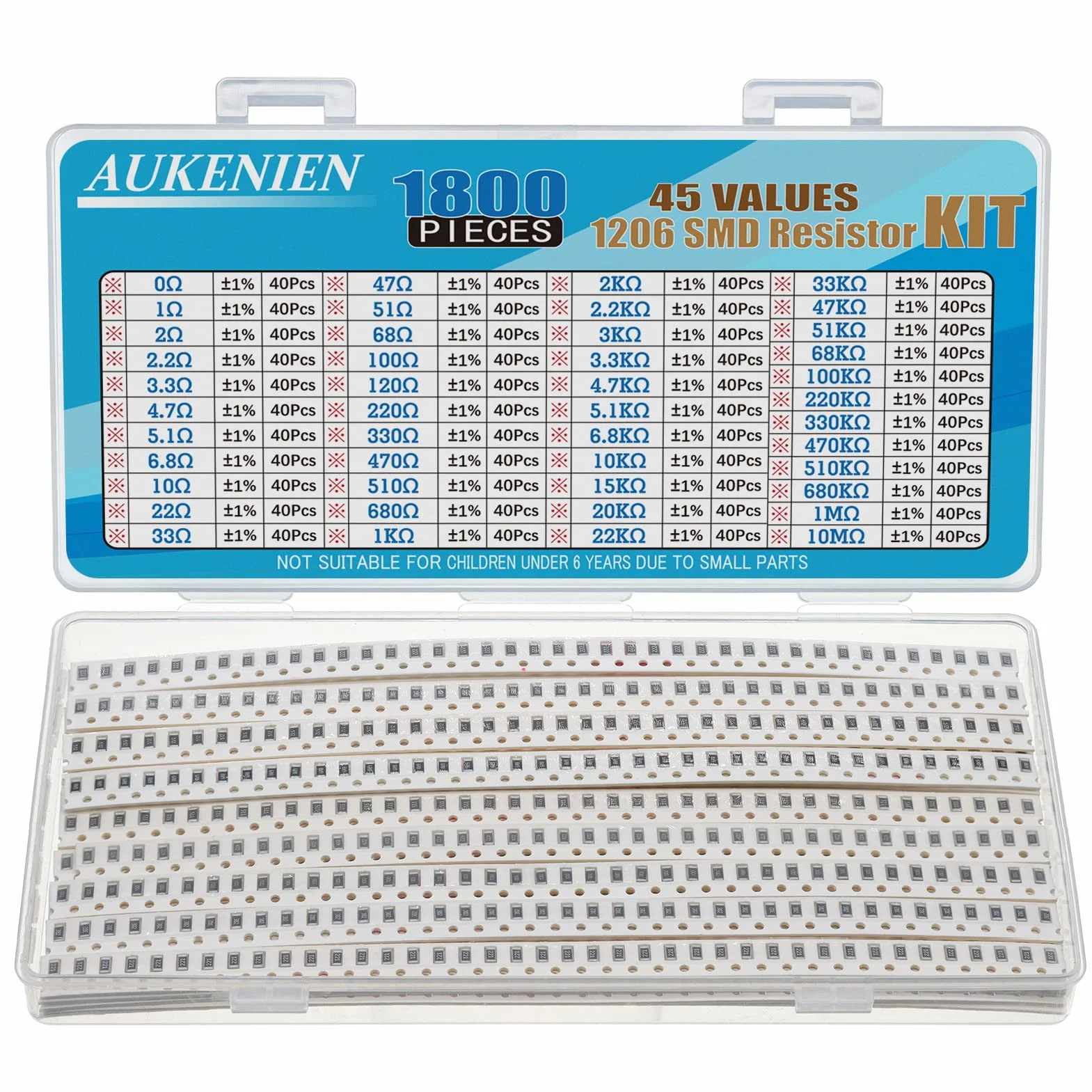 AUKENIEN 1206 Rezystor SMD 45 wartości 1800 sztuk 0R do 10 M Ohm Rezystory 1/4W Zestaw SMT Resistance Asortyment z tolerancją ±1%
