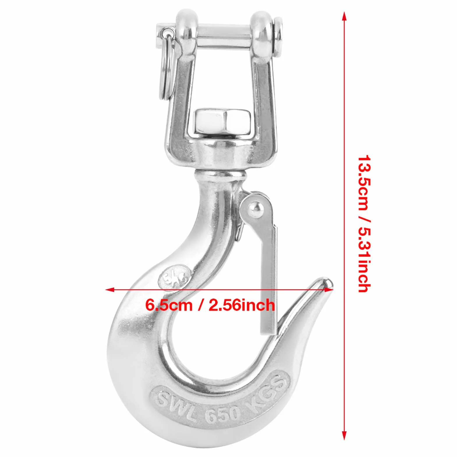 Sicherheits-Haken 304 Edelstahl-Schwenker-anhebender Haken-Stahlaugen-Haken mit Verschluss-Rigging-Zusatz 650kg / 1000kg(650kg)
